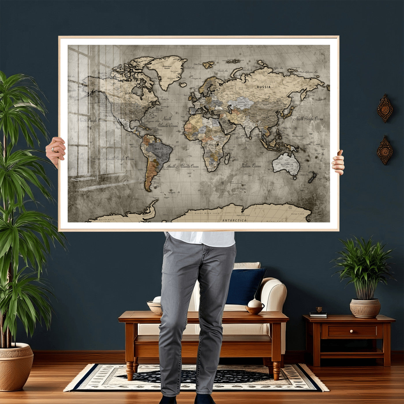 85218700-MGV-CV-36X24 - World Map Wall Art Canvas Print, Modern Decorative Framed Map Artwork Prints for Living Room, Office, Bedroom Wall Decor