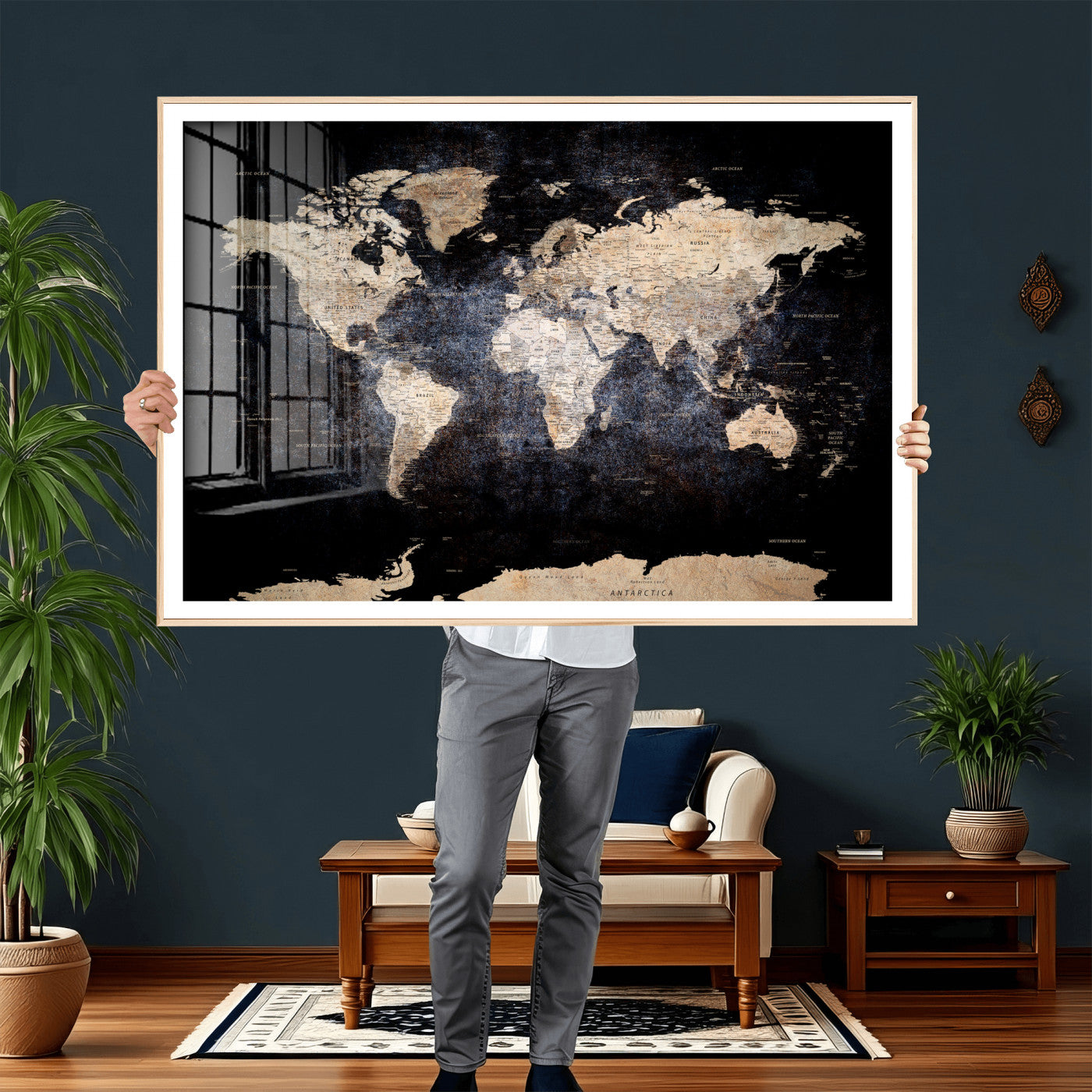 56713386-MGV-CV-36X24 - World Map Wall Art Canvas Print, Modern Decorative Framed Map Artwork Prints for Living Room, Office, Bedroom Wall Decor