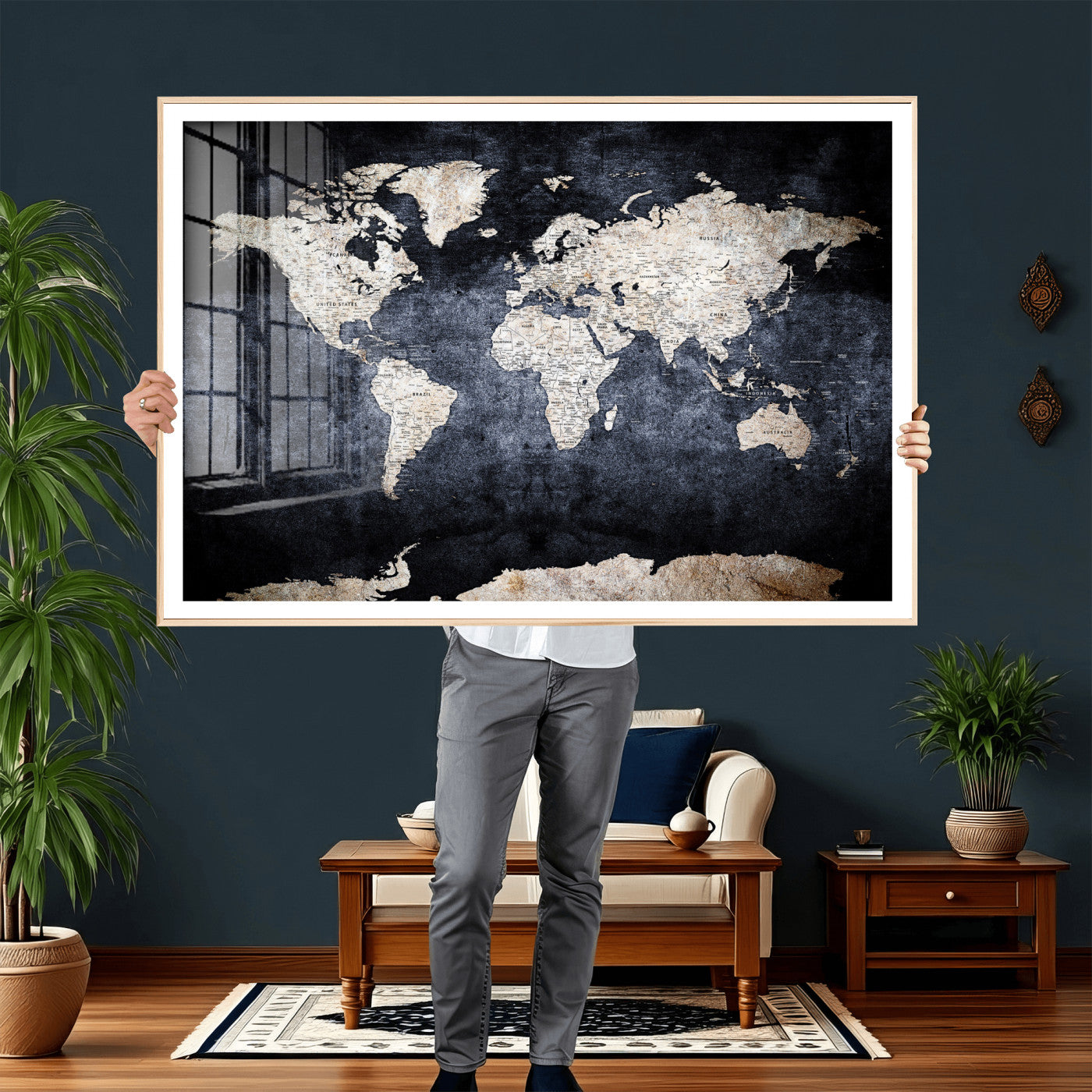41193404-MGV-CV-36X24 - World Map Wall Art Canvas Print, Modern Decorative Framed Map Artwork Prints for Living Room, Office, Bedroom Wall Decor