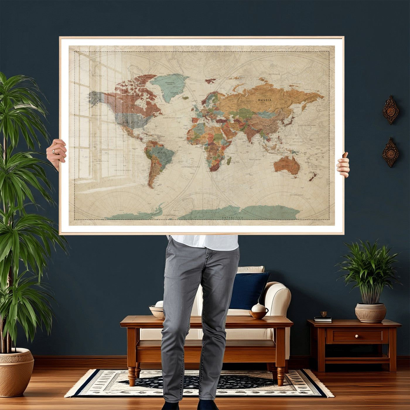 74172497-MGV-CV-36X24 - World Map Wall Art Canvas Print, Modern Decorative Framed Map Artwork Prints for Living Room, Office, Bedroom Wall Decor