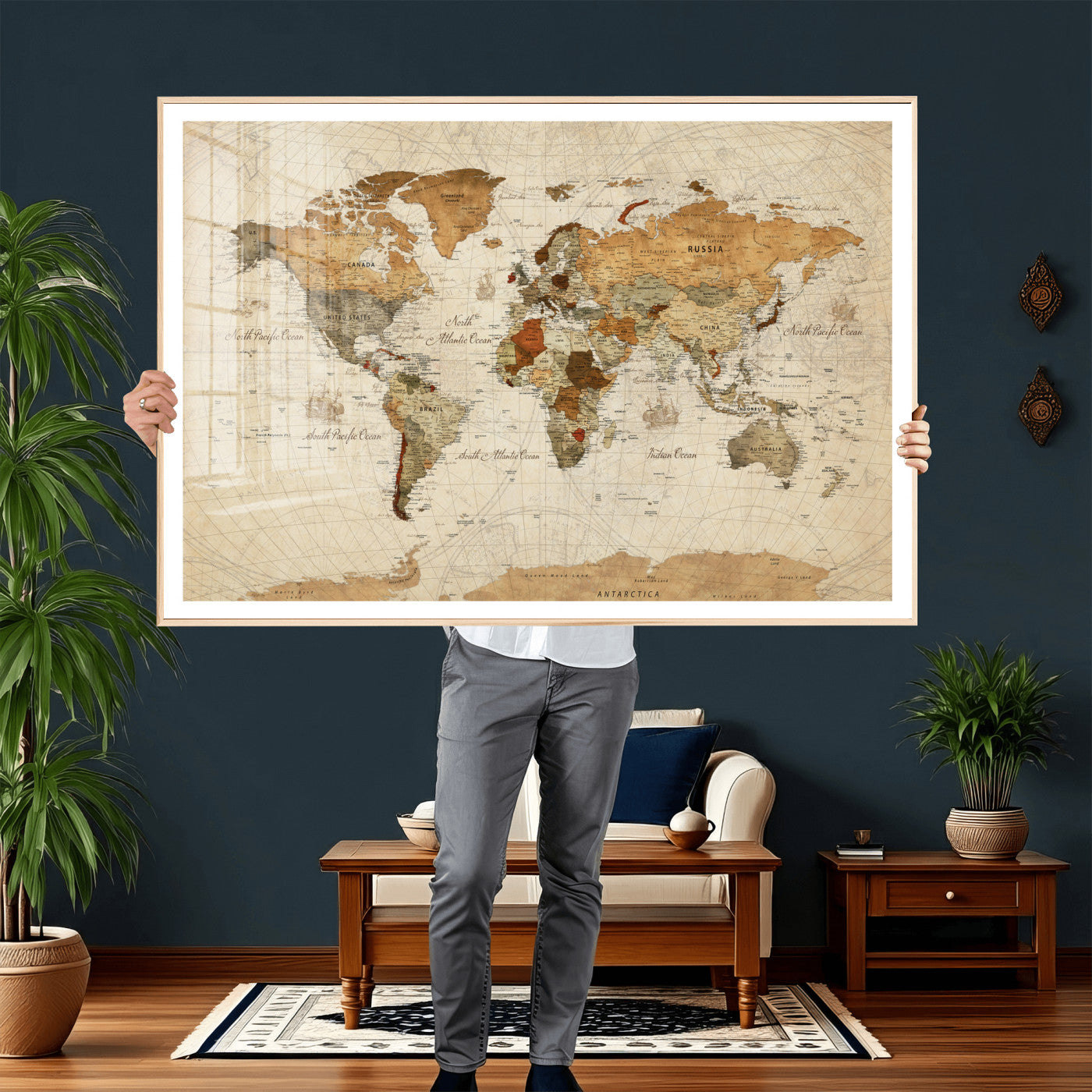 29684537-MGV-CV-36X24 - World Map Wall Art Canvas Print, Modern Decorative Framed Map Artwork Prints for Living Room, Office, Bedroom Wall Decor