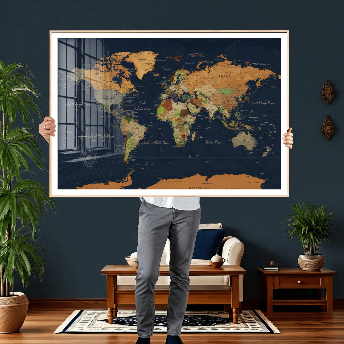 11715182-MGV-CV-36X24 - World Map Wall Art Canvas Print, Modern Decorative Framed Map Artwork Prints for Living Room, Office, Bedroom Wall Decor