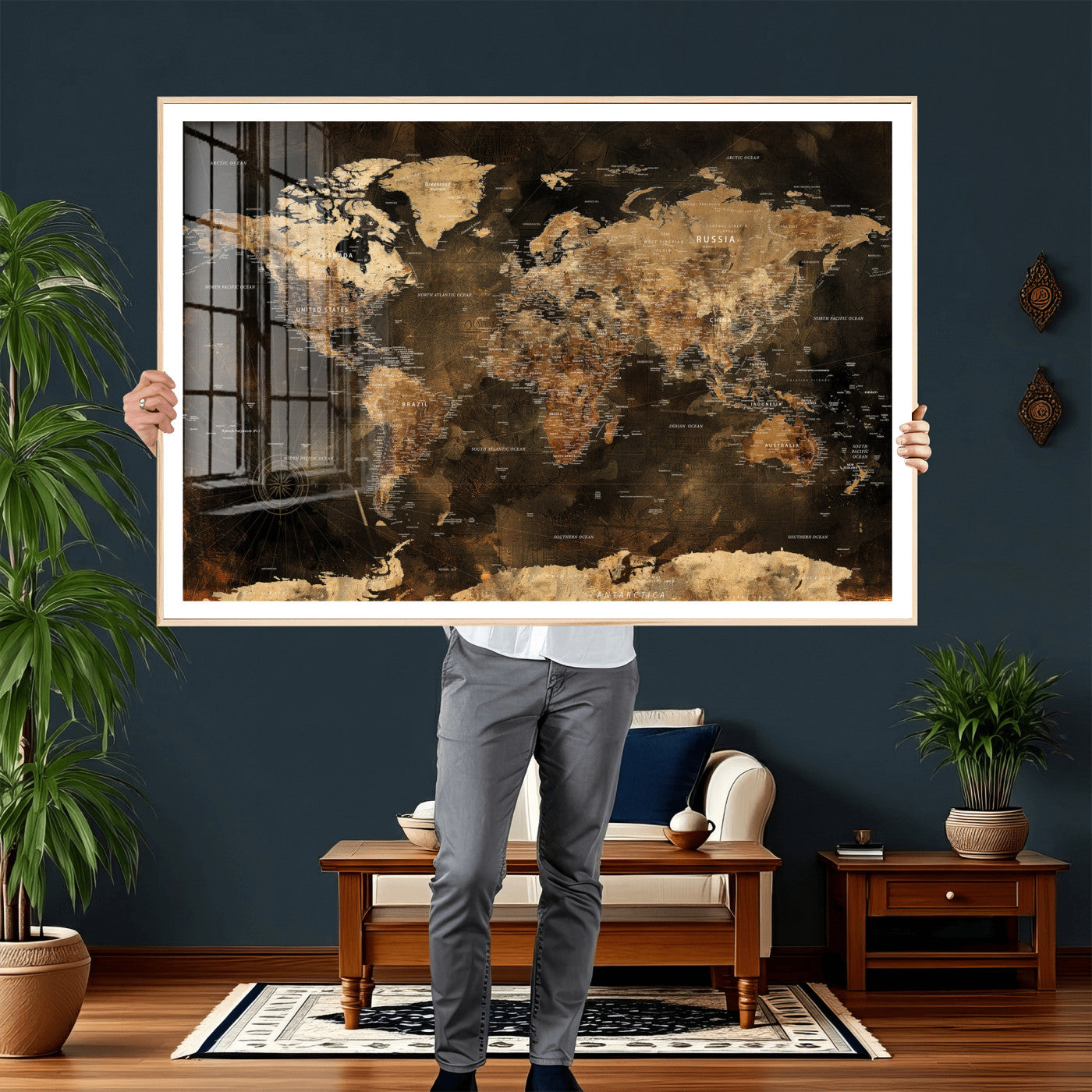 97742922-MGV-CV-36X24 - World Map Wall Art Canvas Print, Modern Decorative Framed Map Artwork Prints for Living Room, Office, Bedroom Wall Decor