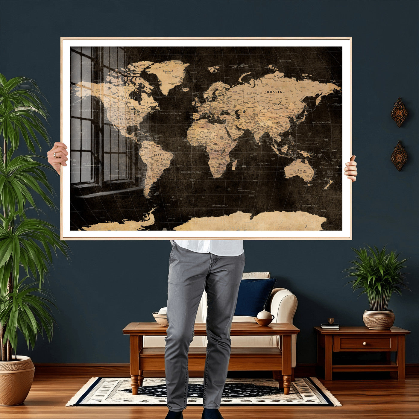 17790470-MGV-CV-36X24 - World Map Wall Art Canvas Print, Modern Decorative Framed Map Artwork Prints for Living Room, Office, Bedroom Wall Decor