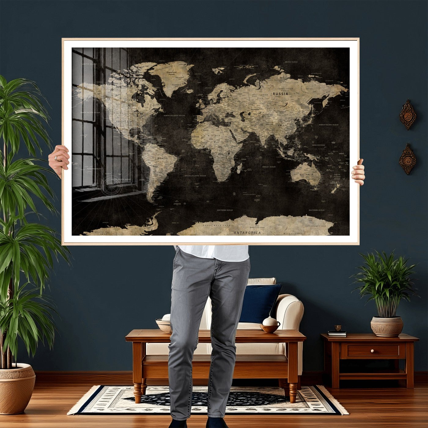 60653880-MGV-CV-36X24 - World Map Wall Art Canvas Print, Modern Decorative Framed Map Artwork Prints for Living Room, Office, Bedroom Wall Decor