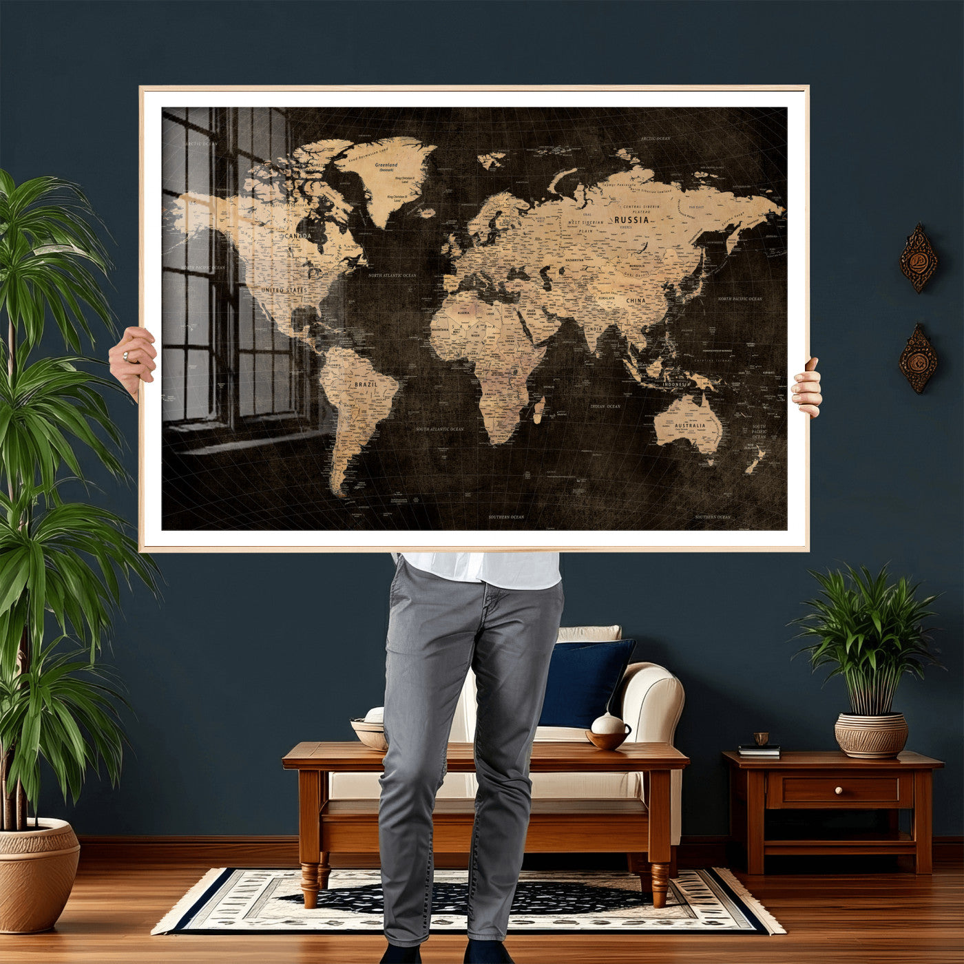 15118265-MGV-CV-36X24 - World Map Wall Art Canvas Print, Modern Decorative Framed Map Artwork Prints for Living Room, Office, Bedroom Wall Decor