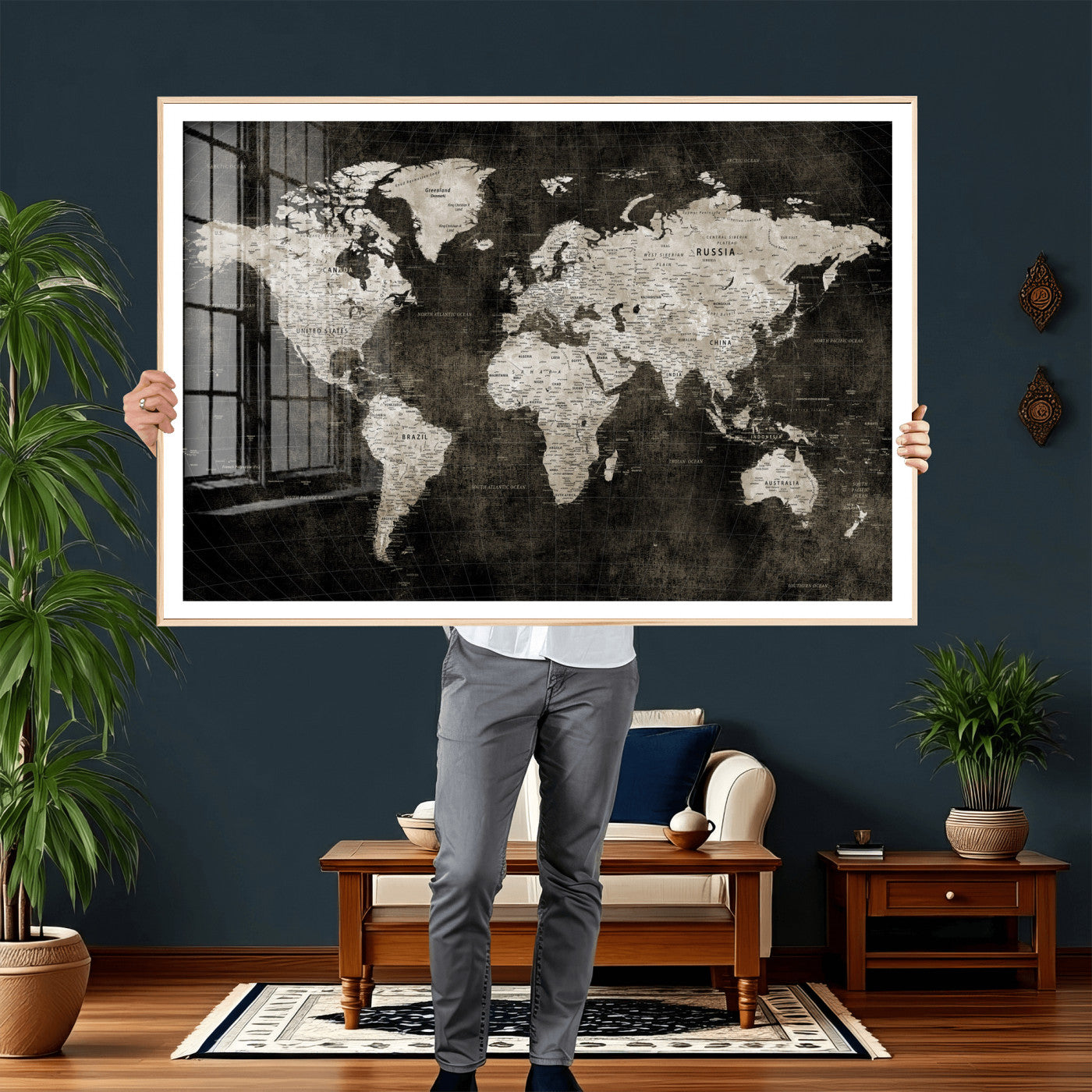 94581666-MGV-CV-36X24 - World Map Wall Art Canvas Print, Modern Decorative Framed Map Artwork Prints for Living Room, Office, Bedroom Wall Decor