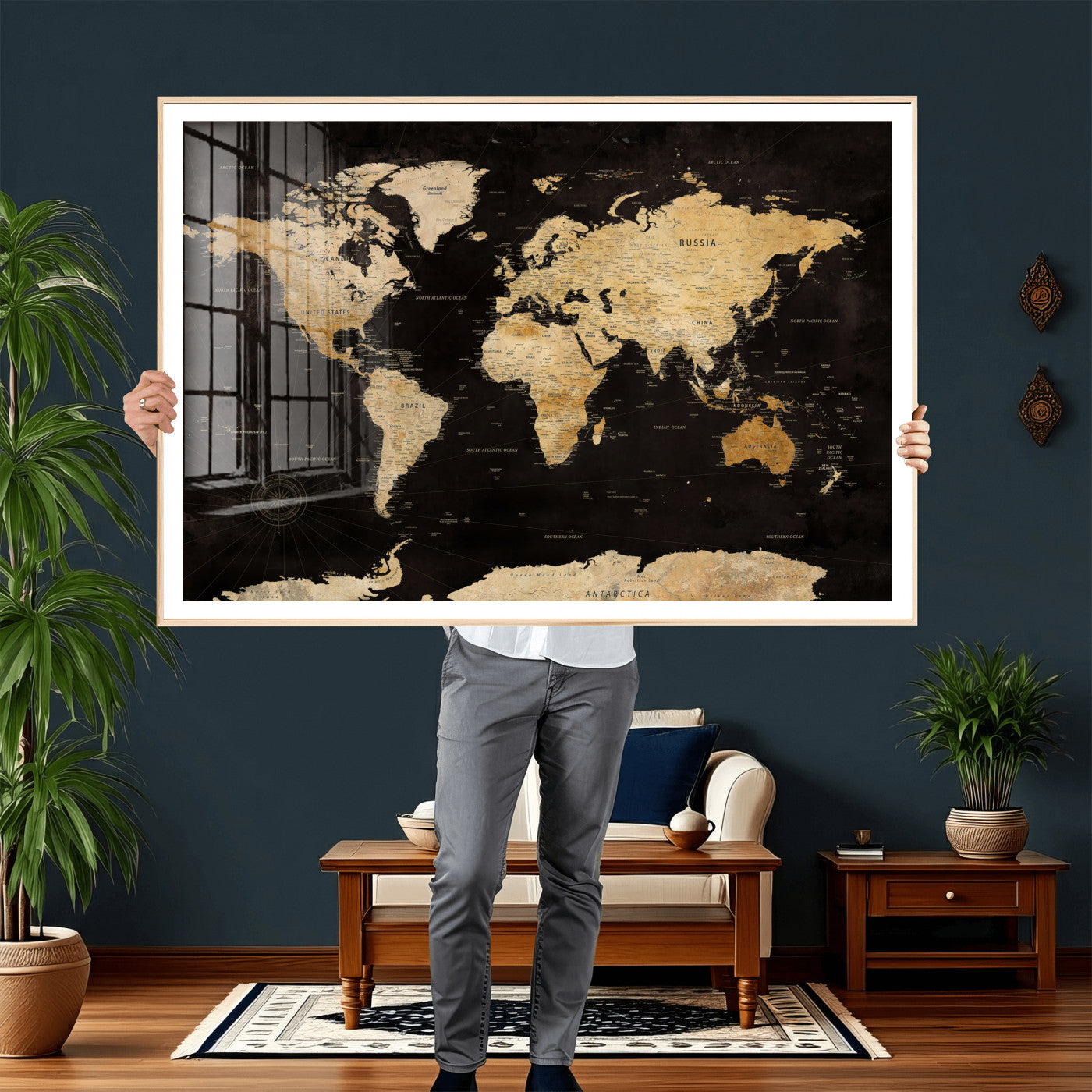 70468159-MGV-CV-36X24 - World Map Wall Art Canvas Print, Modern Decorative Framed Map Artwork Prints for Living Room, Office, Bedroom Wall Decor