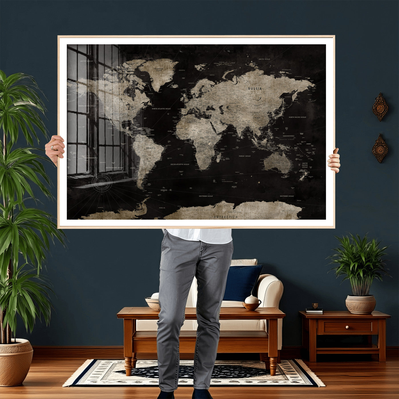 56225956-MGV-CV-36X24 - World Map Wall Art Canvas Print, Modern Decorative Framed Map Artwork Prints for Living Room, Office, Bedroom Wall Decor