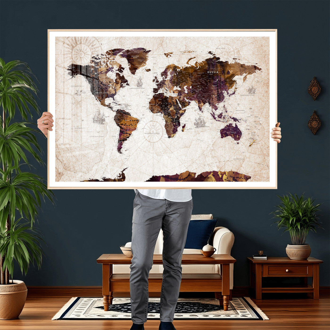 53400857-MGV-CV-36X24 - World Map Wall Art Canvas Print, Modern Decorative Framed Map Artwork Prints for Living Room, Office, Bedroom Wall Decor