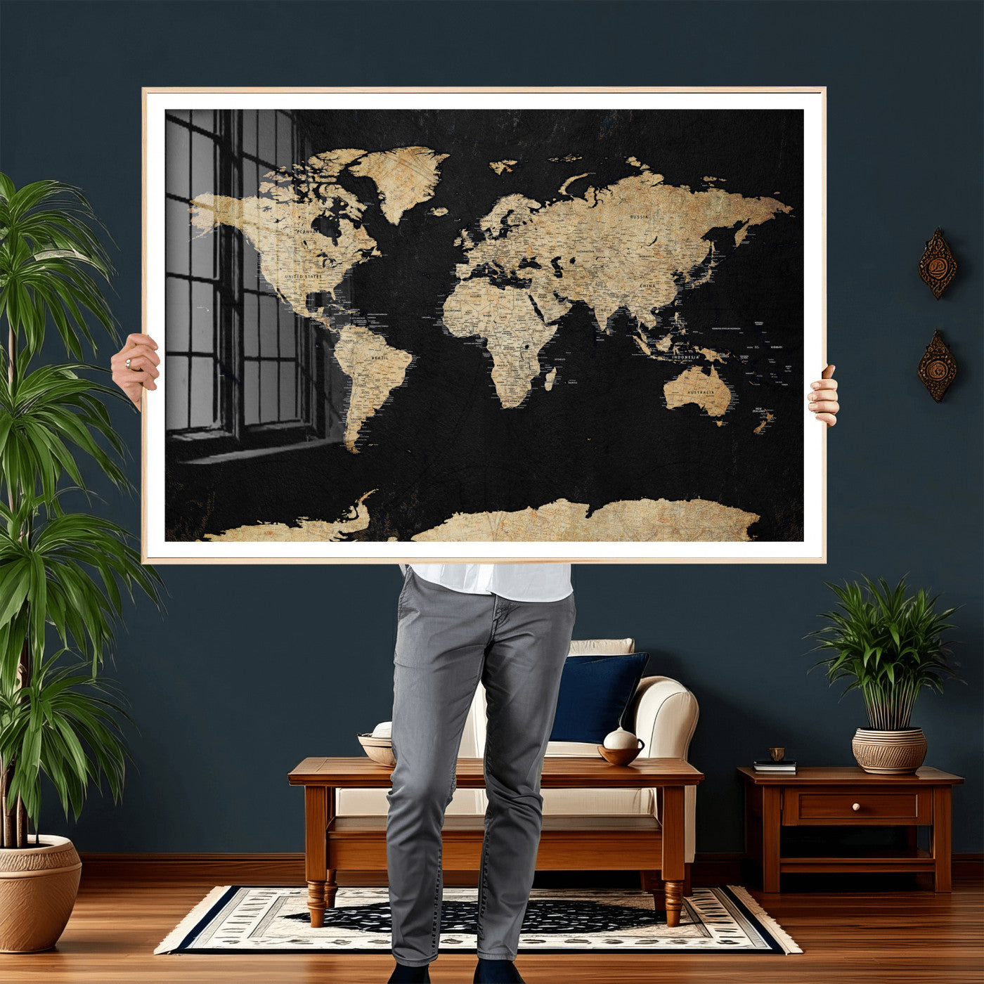 71518849-MGV-CV-36X24 - World Map Wall Art Canvas Print, Modern Decorative Framed Map Artwork Prints for Living Room, Office, Bedroom Wall Decor