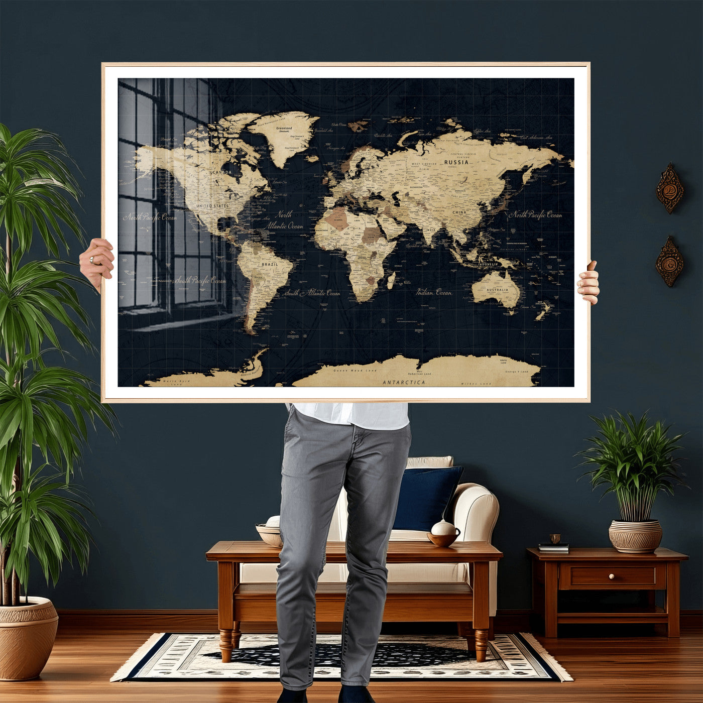 45063434-MGV-CV-36X24 - World Map Wall Art Canvas Print, Modern Decorative Framed Map Artwork Prints for Living Room, Office, Bedroom Wall Decor