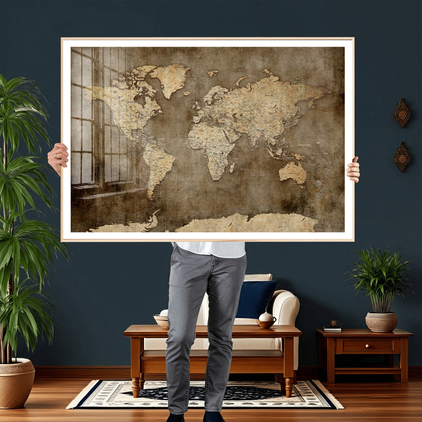 35847542-MGV-CV-36X24 - World Map Wall Art Canvas Print, Modern Decorative Framed Map Artwork Prints for Living Room, Office, Bedroom Wall Decor