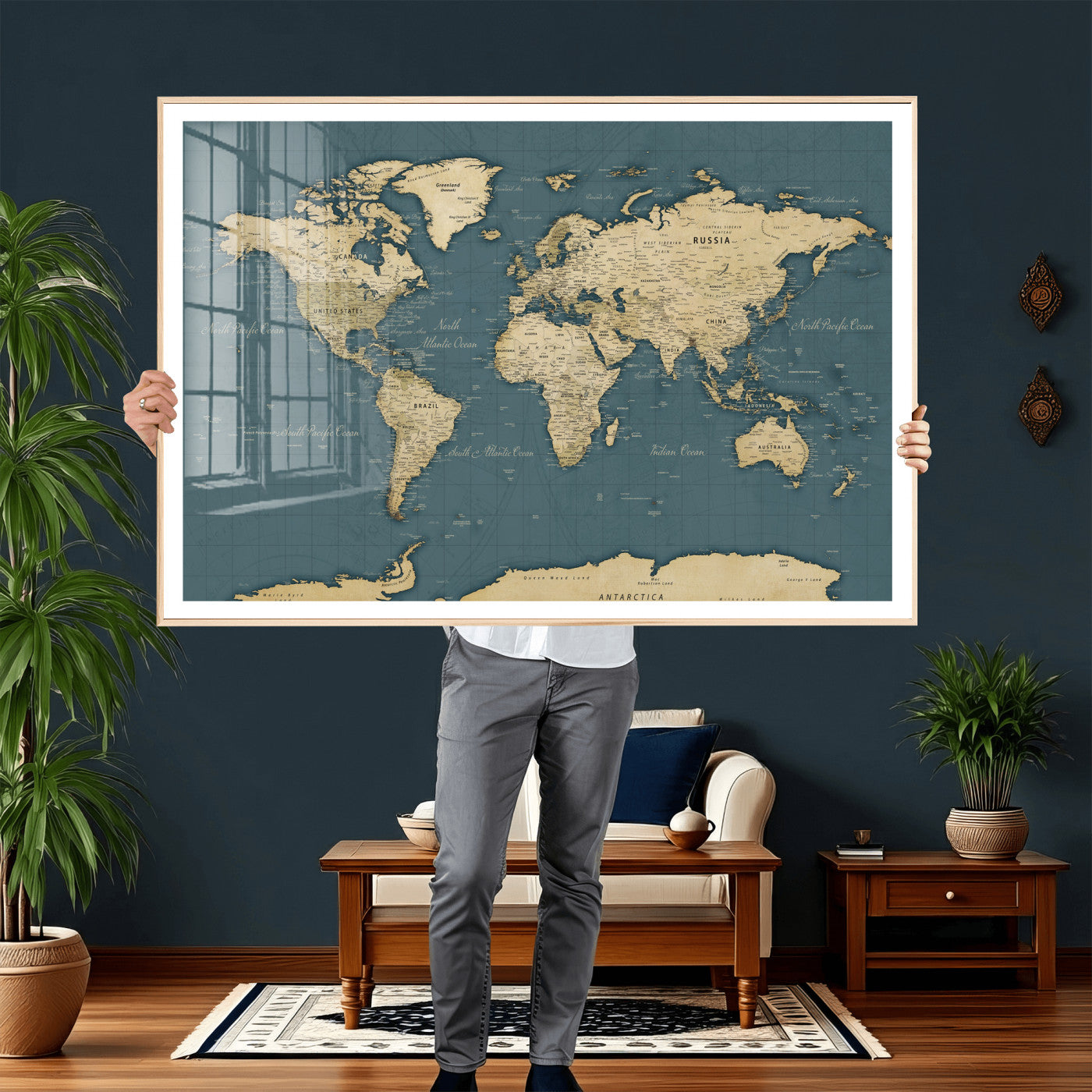 99599383-MGV-CV-36X24 - World Map Wall Art Canvas Print, Modern Decorative Framed Map Artwork Prints for Living Room, Office, Bedroom Wall Decor