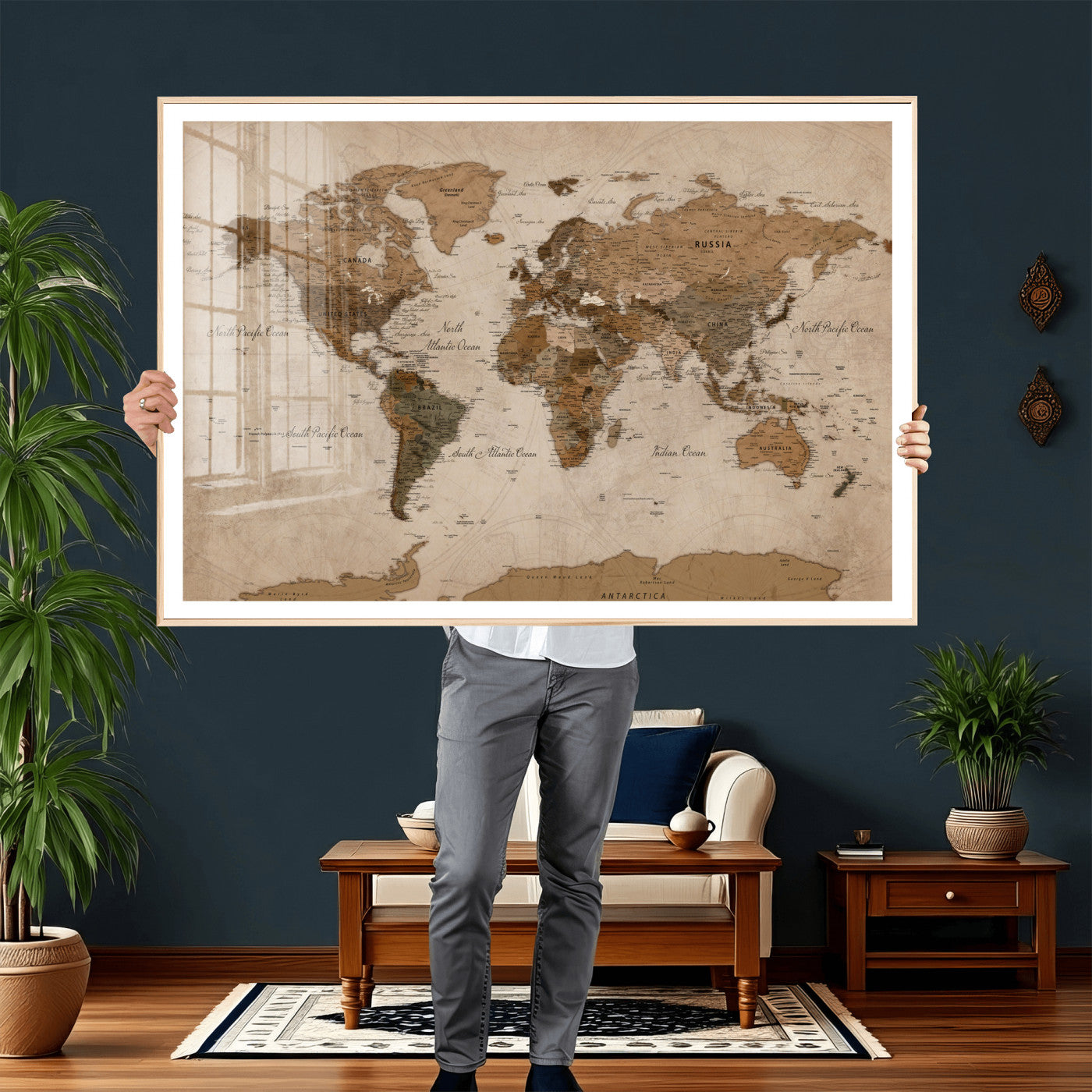 40064188-MGV-CV-36X24 - World Map Wall Art Canvas Print, Modern Decorative Framed Map Artwork Prints for Living Room, Office, Bedroom Wall Decor