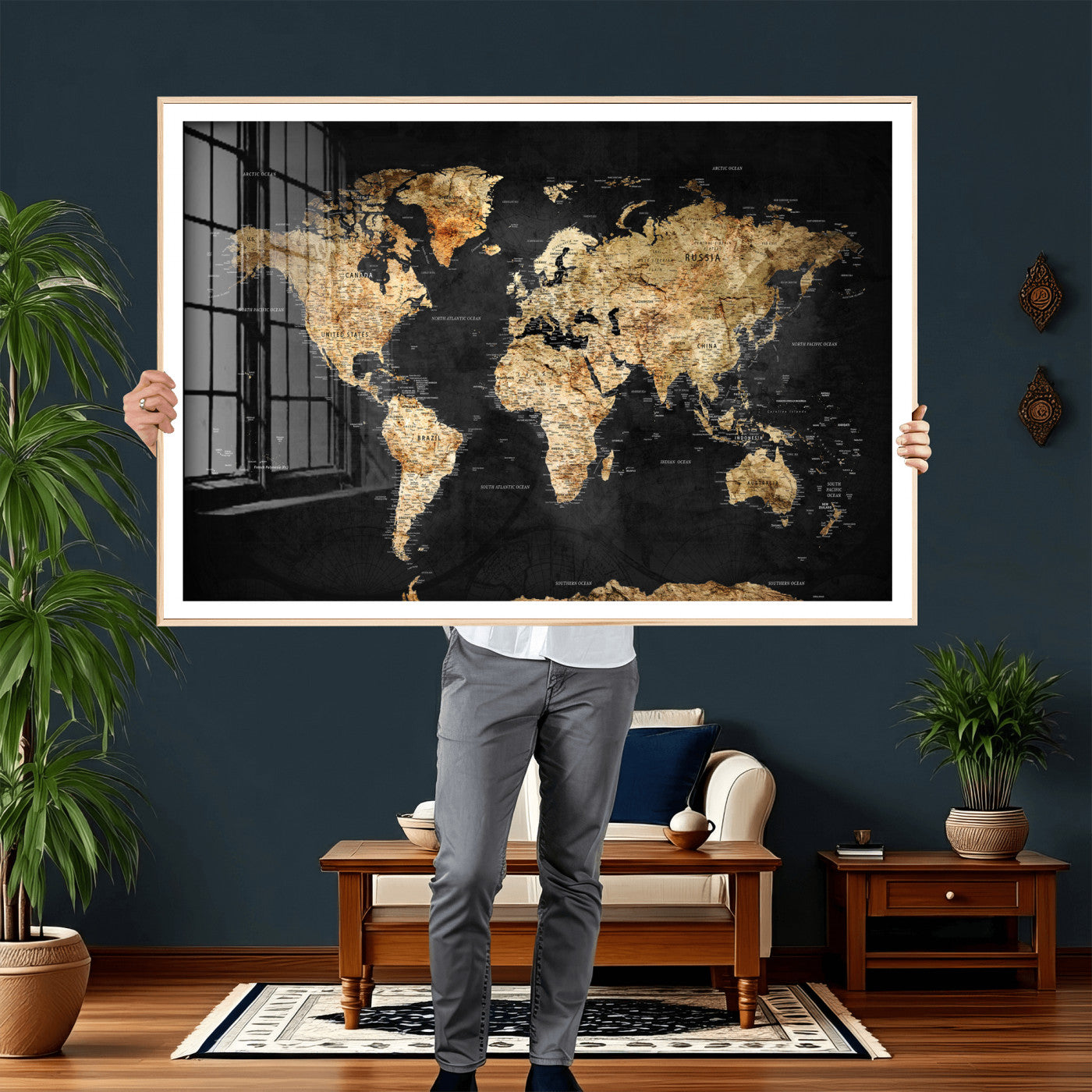23568589-MGV-CV-36X24 - World Map Wall Art Canvas Print, Modern Decorative Framed Map Artwork Prints for Living Room, Office, Bedroom Wall Decor