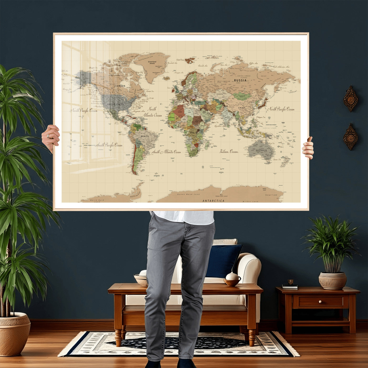 31407854-MGV-CV-36X24 - World Map Wall Art Canvas Print, Modern Decorative Framed Map Artwork Prints for Living Room, Office, Bedroom Wall Decor
