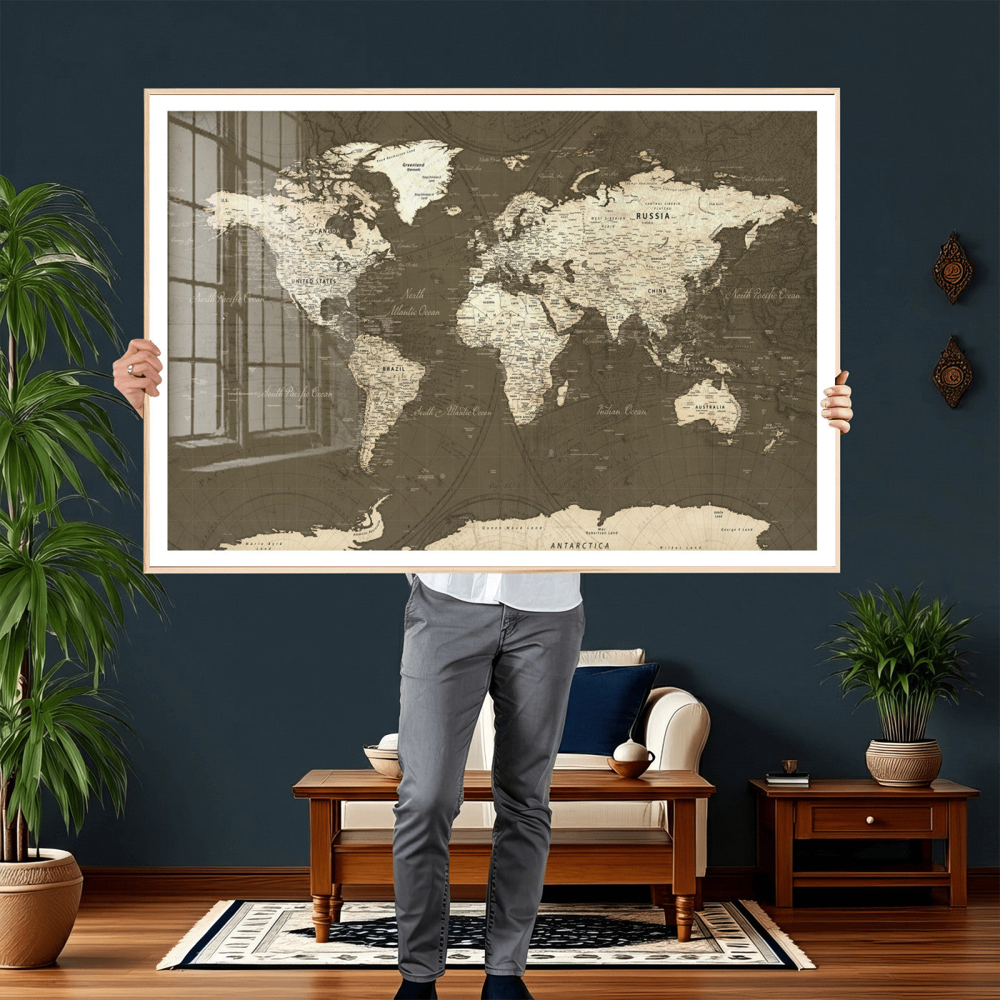 33202610-MGV-CV-36X24 - World Map Wall Art Canvas Print, Modern Decorative Framed Map Artwork Prints for Living Room, Office, Bedroom Wall Decor