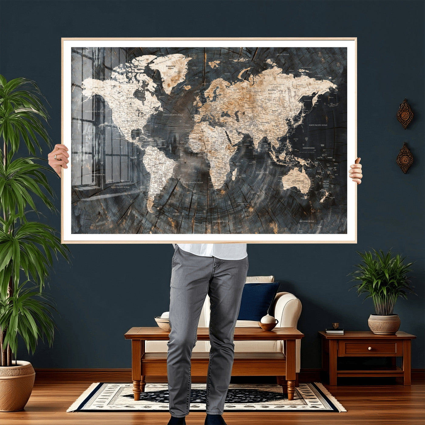 89162112-MGV-CV-36X24 - World Map Wall Art Canvas Print, Modern Decorative Framed Map Artwork Prints for Living Room, Office, Bedroom Wall Decor
