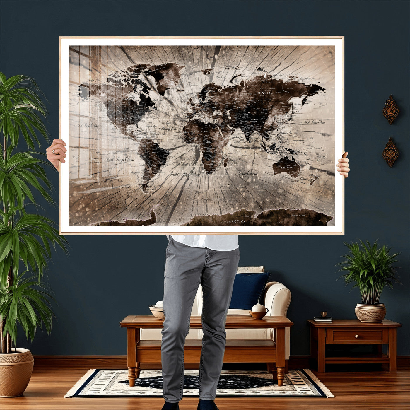 94623295-MGV-CV-36X24 - World Map Wall Art Canvas Print, Modern Decorative Framed Map Artwork Prints for Living Room, Office, Bedroom Wall Decor