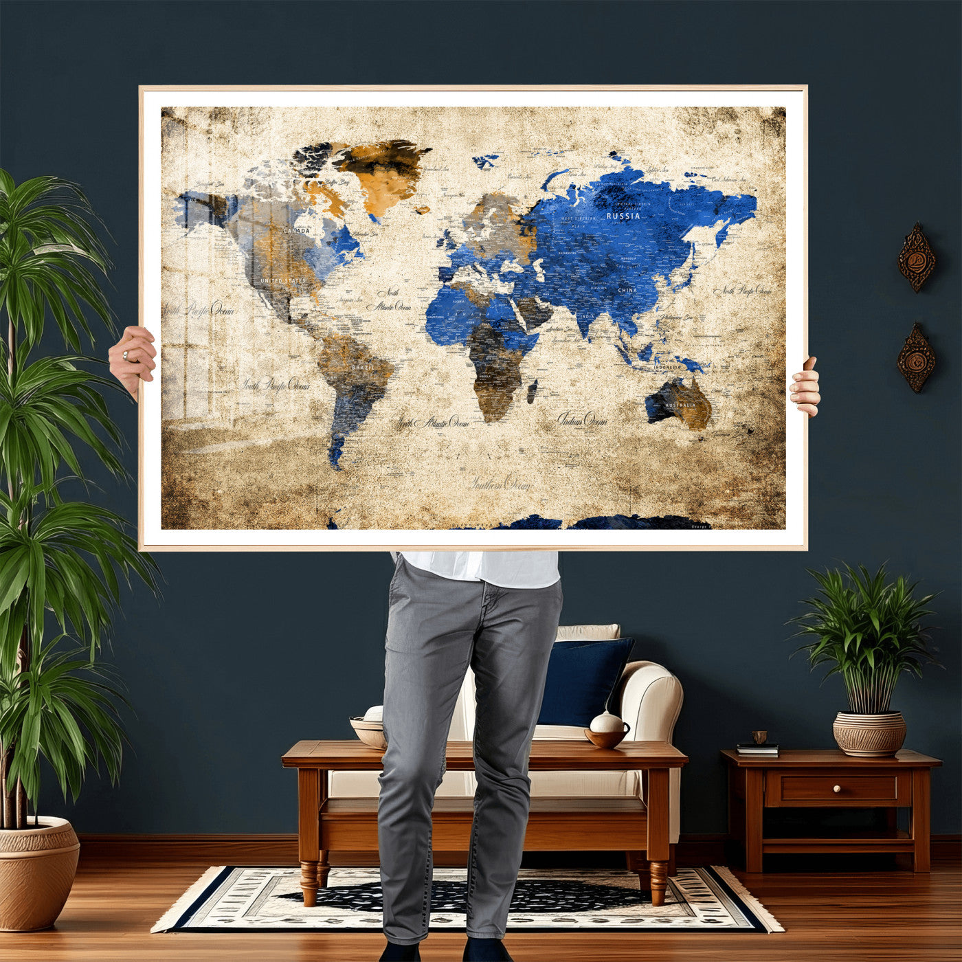 27314341-MGV-CV-36X24 - World Map Wall Art Canvas Print, Modern Decorative Framed Map Artwork Prints for Living Room, Office, Bedroom Wall Decor