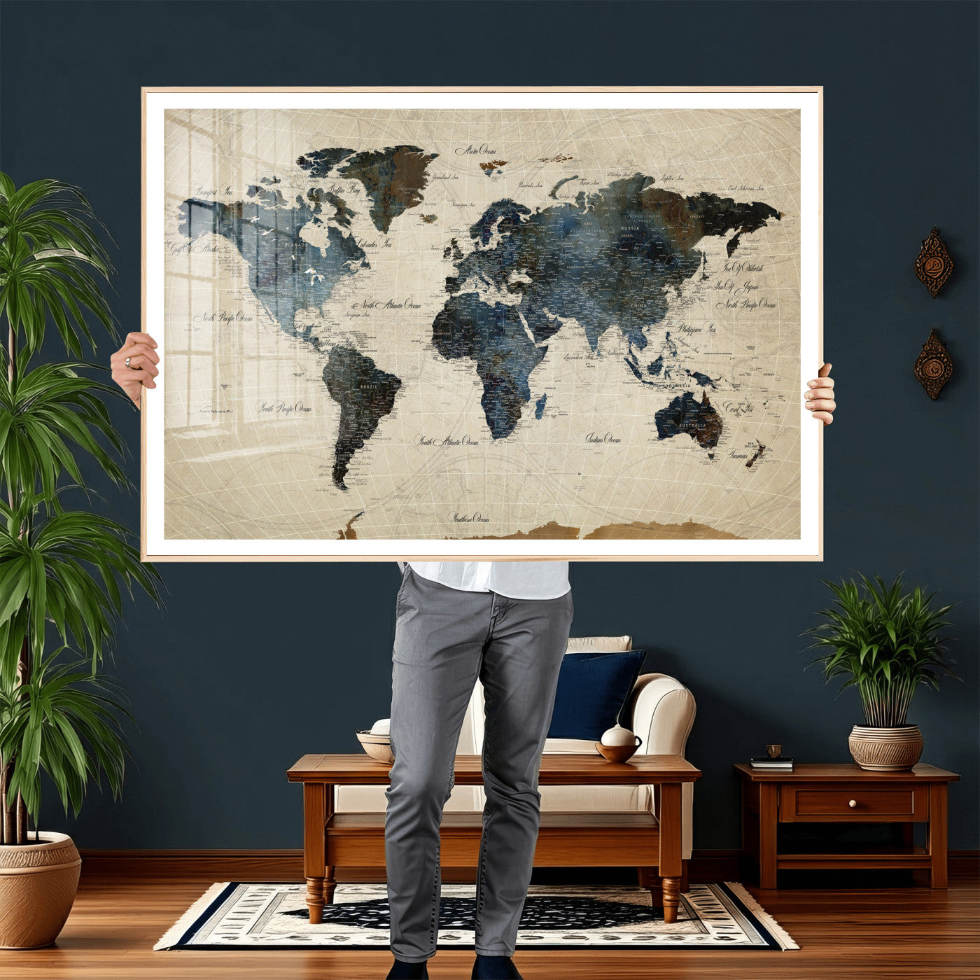 72927803-MGV-CV-36X24 - World Map Wall Art Canvas Print, Modern Decorative Framed Map Artwork Prints for Living Room, Office, Bedroom Wall Decor