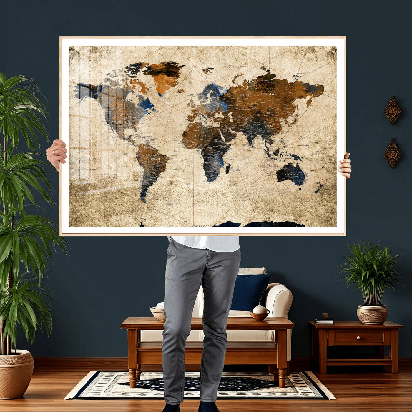 27163414-MGV-CV-36X24 - World Map Wall Art – Rustic Earth Tone Canvas Print, Antique Travel Map Design for Living Room, Office or Study, Classic Adventure Decor