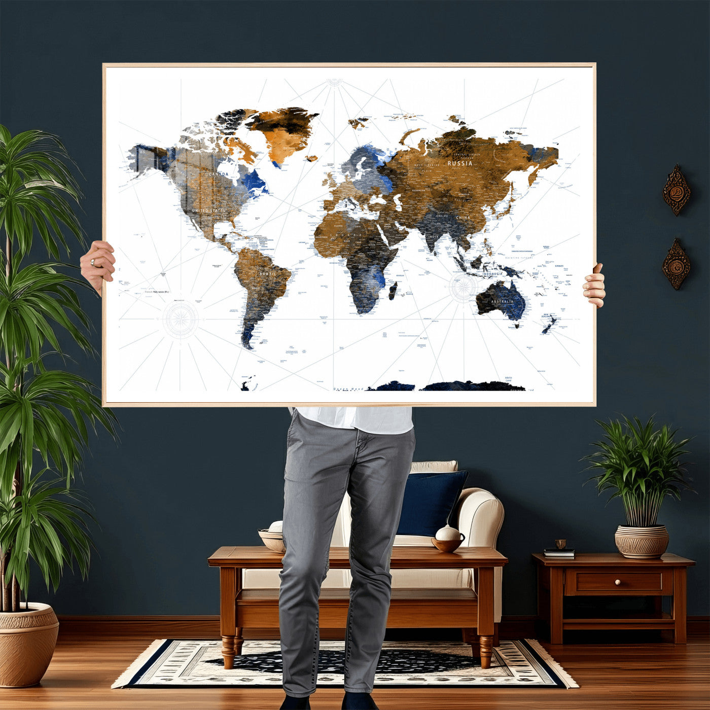56364879-MGV-CV-36X24 - World Map Wall Art Canvas Print, Modern Decorative Framed Map Artwork Prints for Living Room, Office, Bedroom Wall Decor