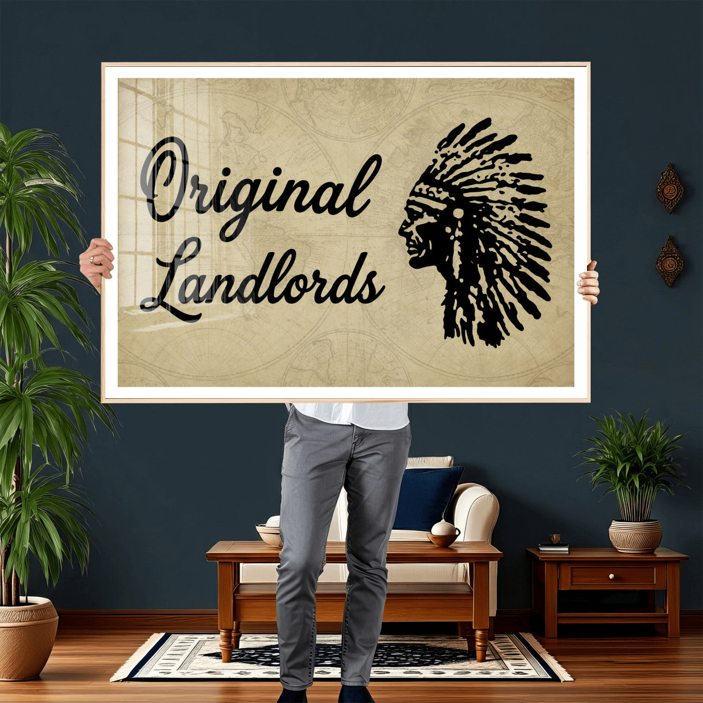 56844712-MGV-CV-36X24 - Original Landlords Wall Art Canvas Print, Native American Silhouette Artwork, Framed Wall Art Ready to Hang