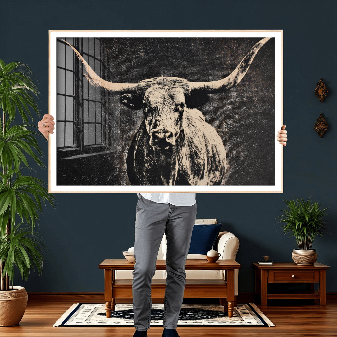 27394218-MGV-CV-36X24 - Vintage Texas Longhorn Bull Wall Art Canvas Print, Cow Portrait Photography Print, Framed Wall Art Ready to Hang