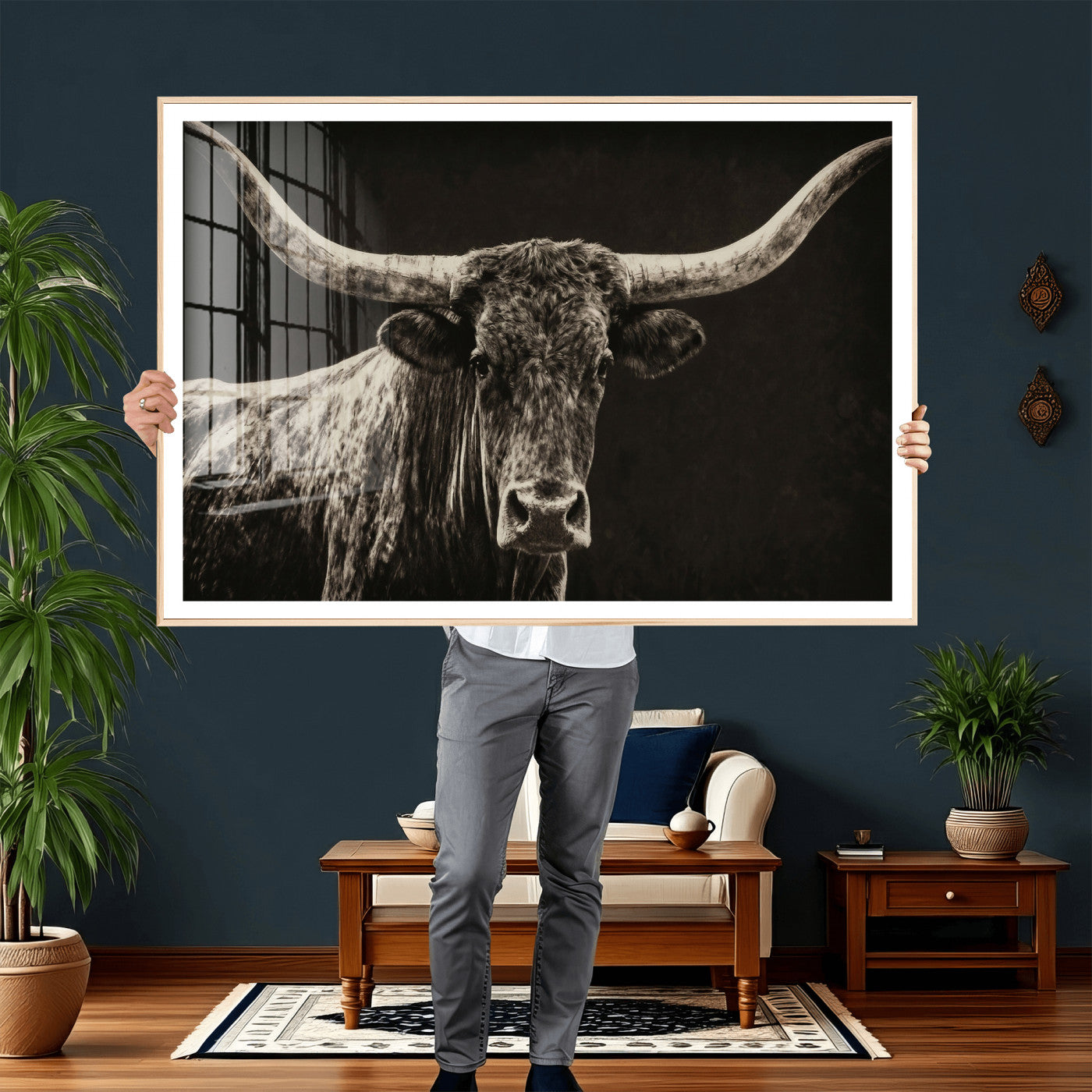 74513721-MGV-CV-36X24 - Vintage Texas Longhorn Bull Wall Art Canvas Print, Cow Portrait Photography Print, Framed Wall Art Ready to Hang