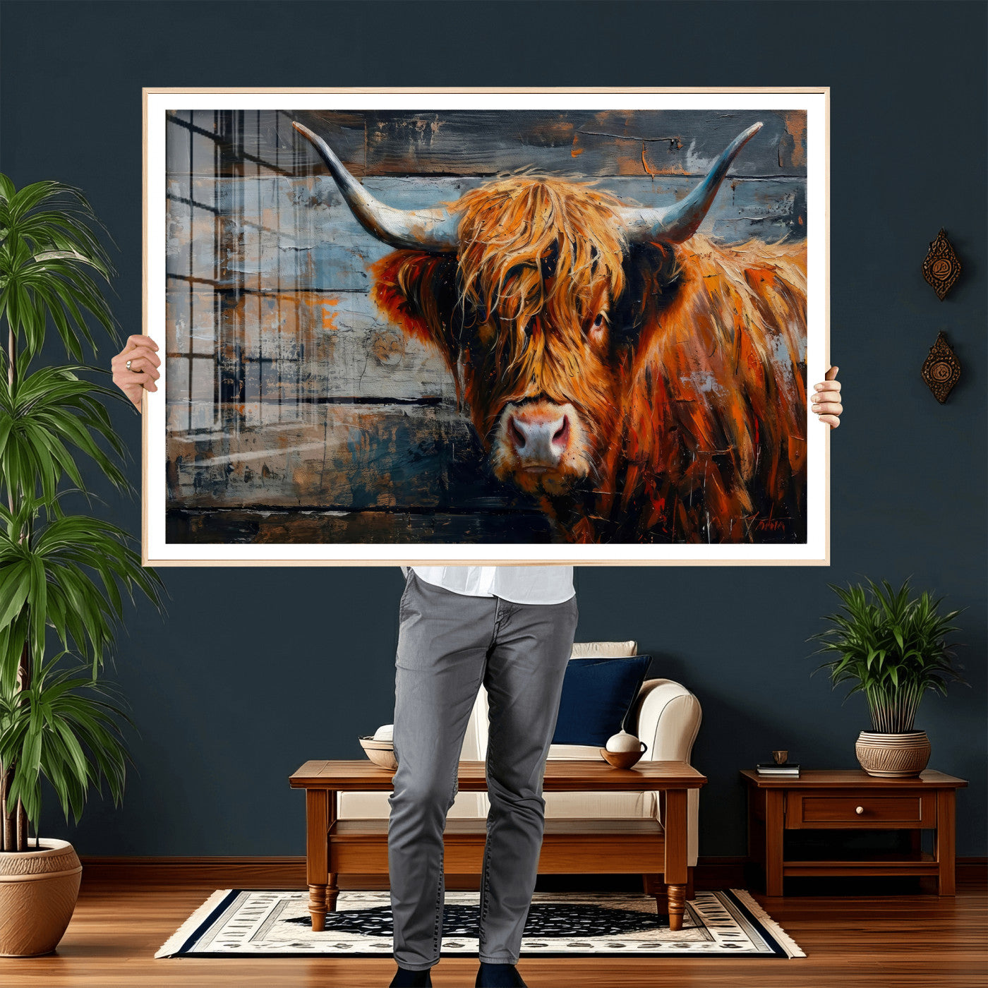 90271423-MGV-CV-36X24 - Highland Cow Wall Art Canvas Print, Abstract Rustic Farm Animal Wall Art Print, Framed Wall Art Ready to Hang