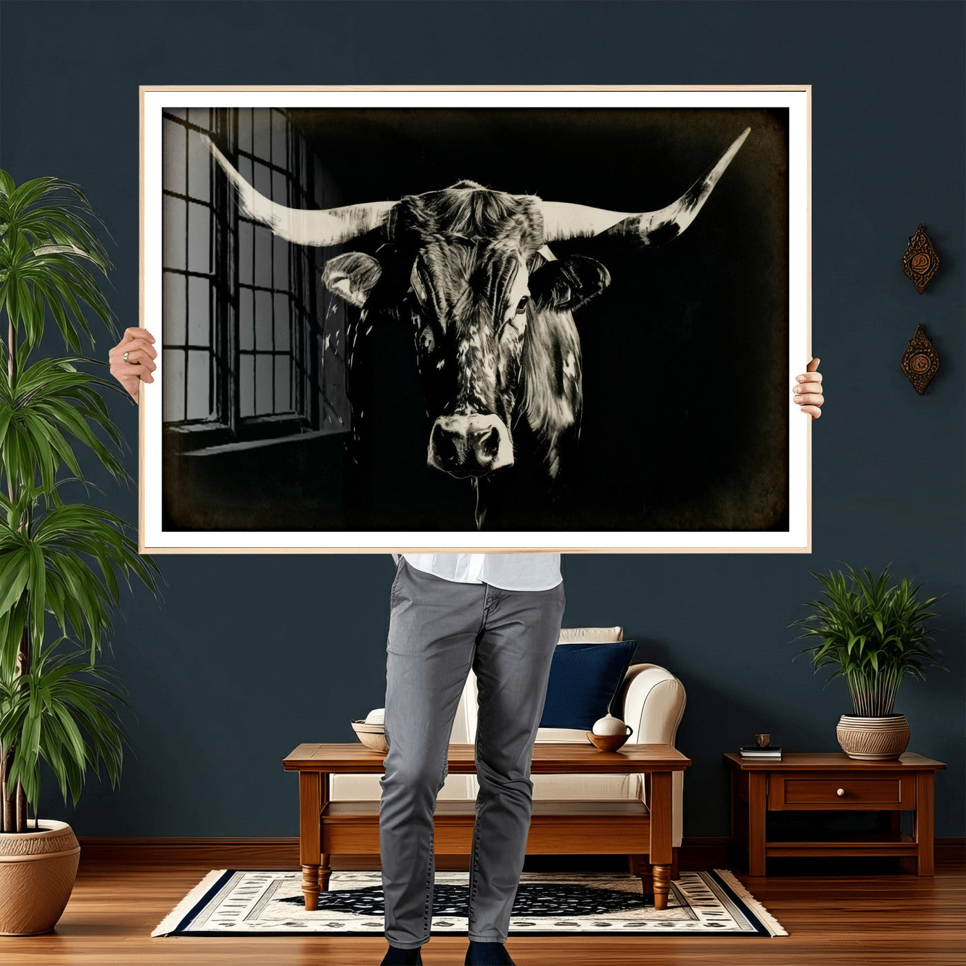 91364114-MGV-CV-36X24 - Black Bull Wall Art Canvas Print, Texas Longhorn Portrait Print, Framed Wall Art Ready to Hang