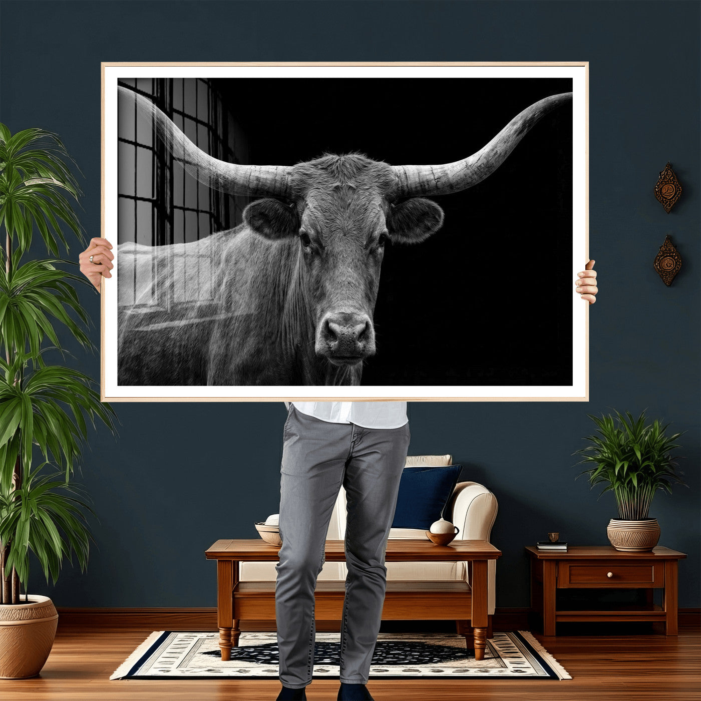 32601430-MGV-CV-36X24 - Texas Longhorn Bull Wall Art Canvas Print, Cow Portrait Photography, Framed Wall Art Ready to Hang