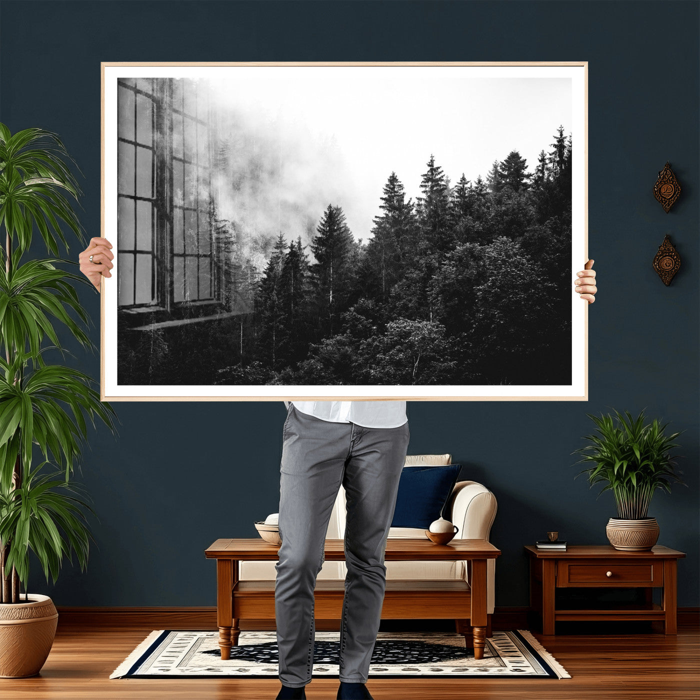 98764151-MGV-CV-36X24 - Black and White Forest Wall Art Canvas Print, Misty Pine Tree Landscape Photography, Framed Wall Art Ready to Hang