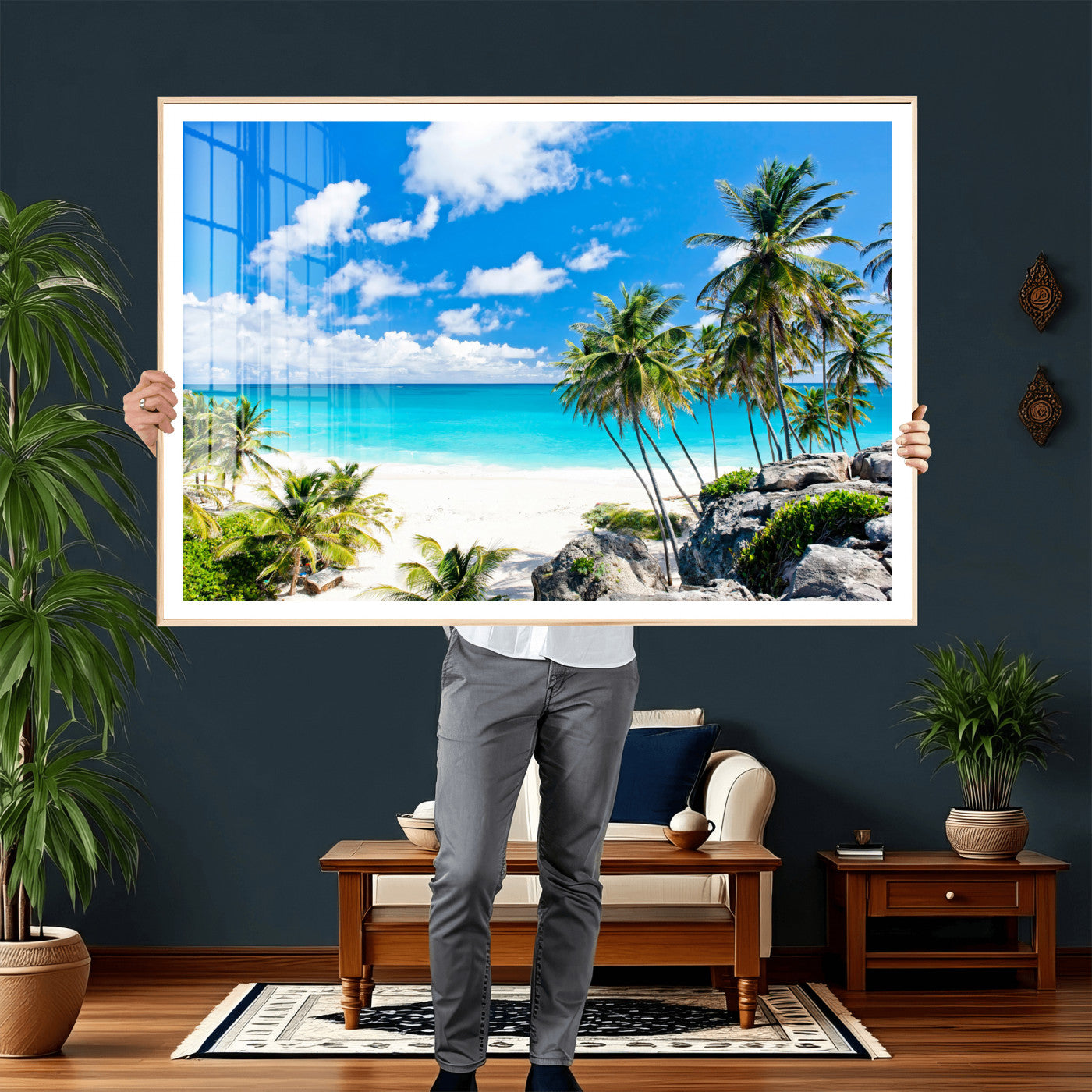 29232878-MGV-CV-36X24 - Barbados Beach Wall Art Canvas Print, Palm Tree Ocean Landscape, Turquoise Sea Coastal Photography, Tropical Island Wall Decor, Framed Ready to Hang