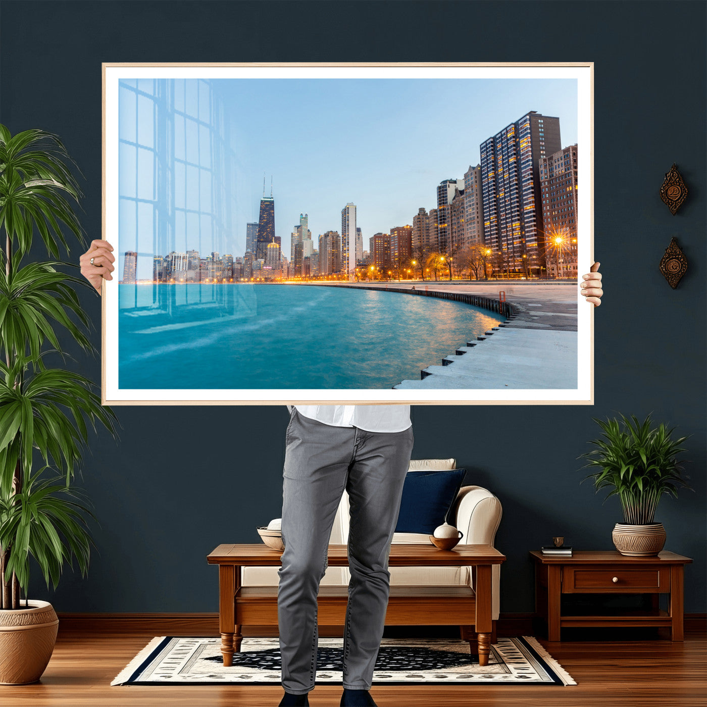 66780141-MGV-CV-36X24 - Chicago Wall Art Canvas Print, Chicago City Downtown Night Cityscape Print for Modern Urban Wall Decor
