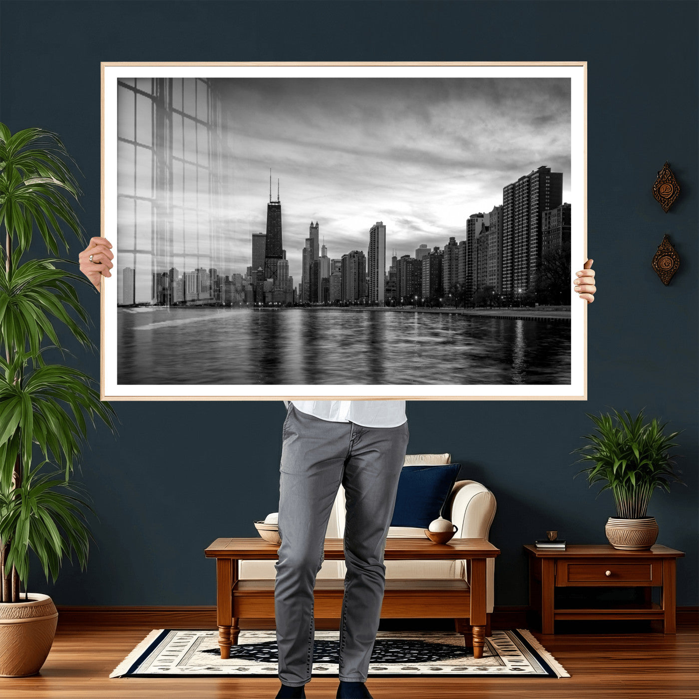 74552581-MGV-CV-36X24 - Chicago Wall Art Canvas Print, Chicago City Downtown Night Cityscape Print for Modern Urban Wall Decor