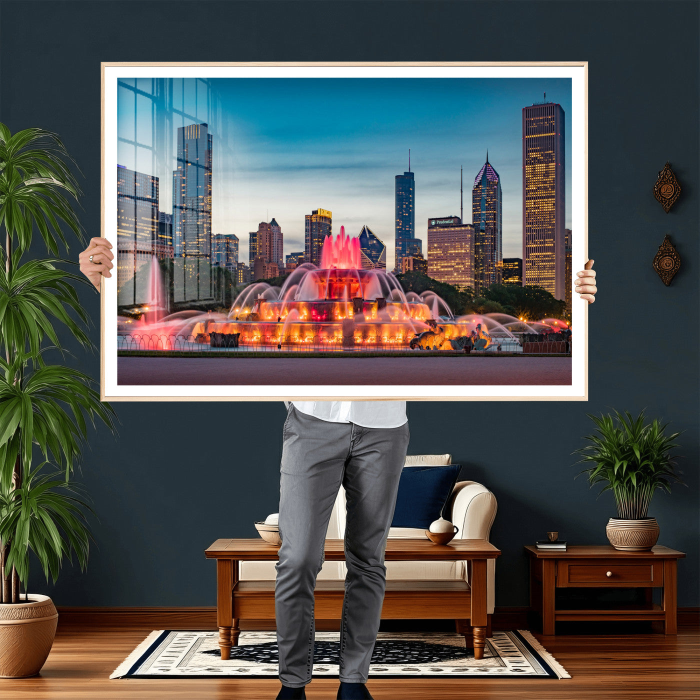 46805285-MGV-CV-36X24 - Chicago Wall Art Canvas Print, Chicago City Downtown Night Cityscape Print for Modern Urban Wall Decor