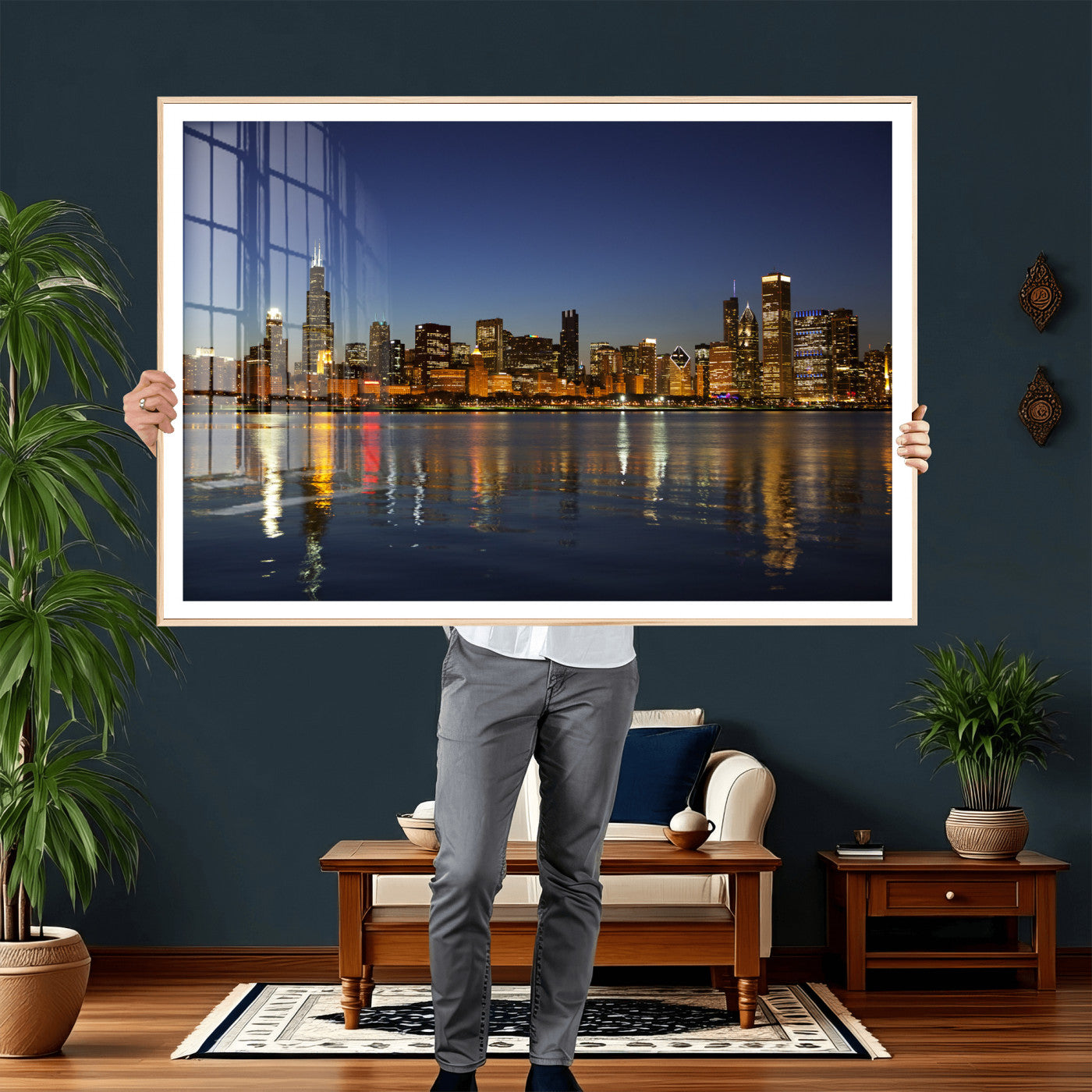 67308035-MGV-CV-36X24 - Chicago Wall Art Canvas Print, Chicago City Downtown Night Cityscape Print for Modern Urban Wall Decor