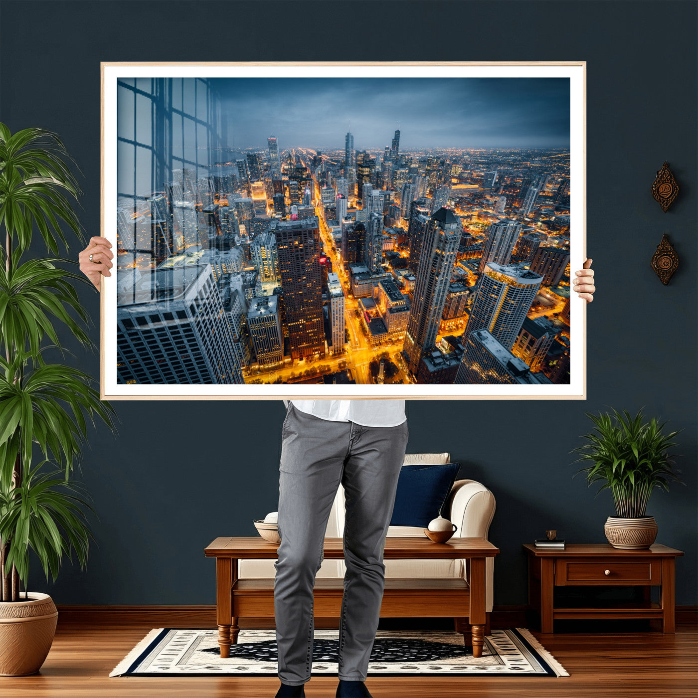 81742538-MGV-CV-36X24 - Chicago Wall Art Canvas Print, Chicago City Downtown Night Cityscape Print for Modern Urban Wall Decor