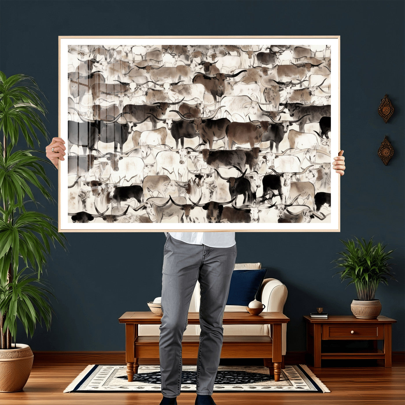 46084312-MGV-CV-36X24 - Farmhouse Animals Wall Art Canvas Print - Abstract Farm Animal Drawing Mid-Century Wall Art for Cabin Decor