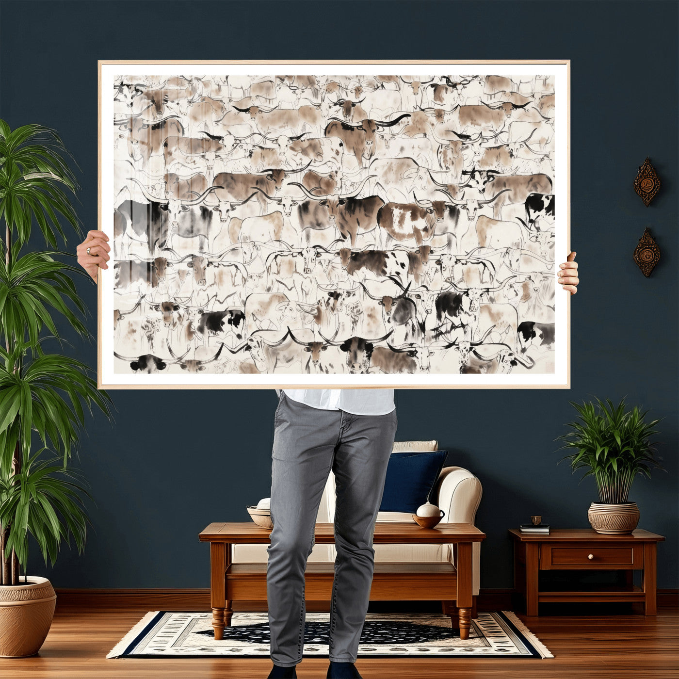 66685375-MGV-CV-36X24 - Farmhouse Animals Wall Art Canvas Print - Abstract Farm Animal Drawing Mid-Century Wall Art for Cabin Decor