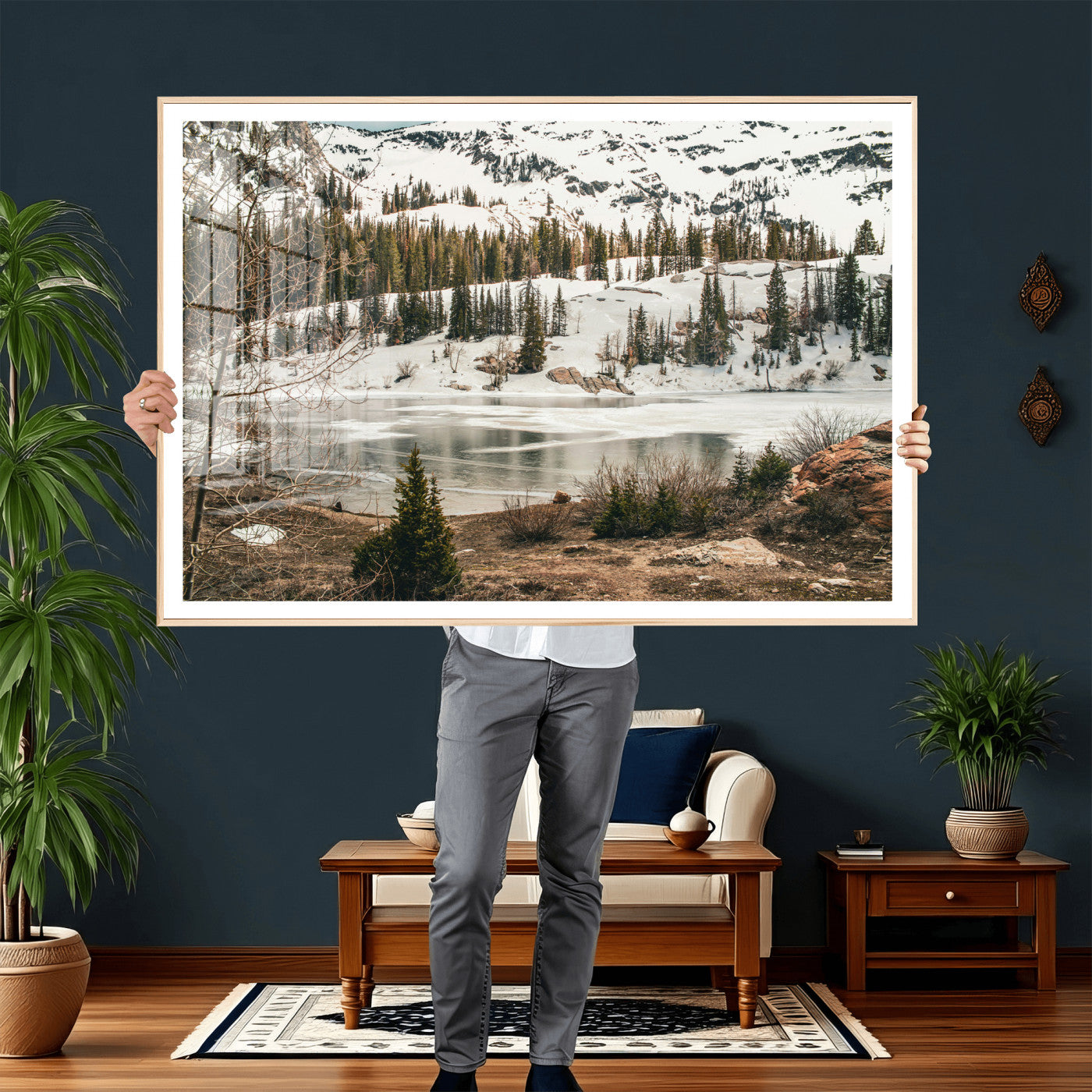 10336249-MGV-CV-36X24 - Snowy Mountain Landscape Wall Art Canvas Print, Alpine Pine Forest Winter Nature Wall Decor for Living Room and Office