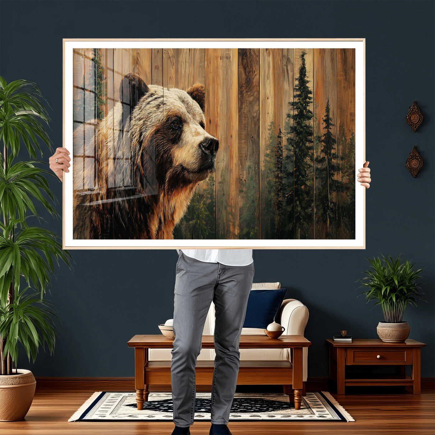 75645180-MGV-CV-36X24 - Grizzly Bear Wall Art Canvas Print, Rustic Wildlife Bear Artwork, Forest Animal Painting, Cabin Lodge Nature Wall Decor