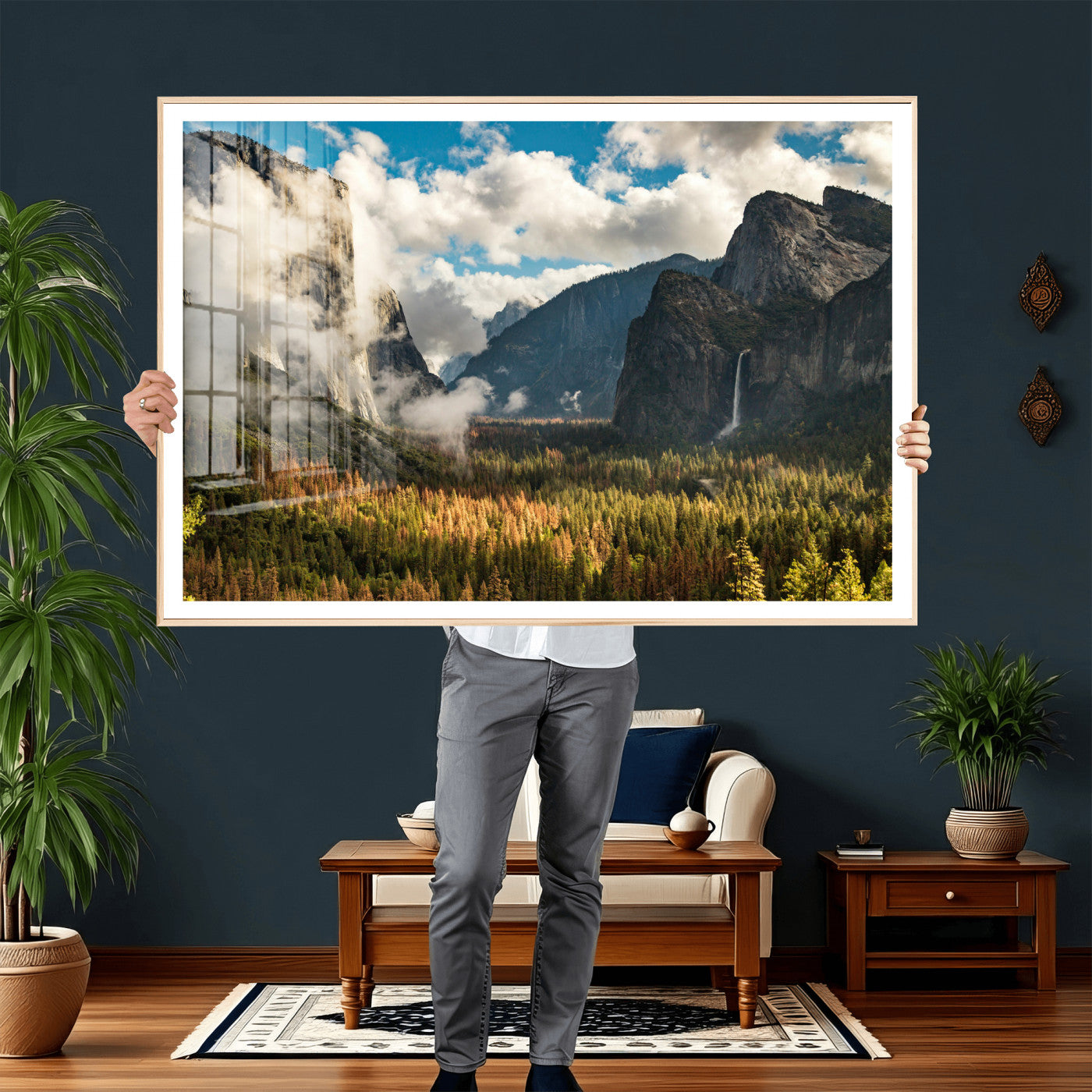 18271001-MGV-CV-36X24 - Yosemite Valley River Landscape Wall Art Canvas Print, Granite Cliffs Forest River Canvas Print, California National Park Moody Scenic Art Printi
