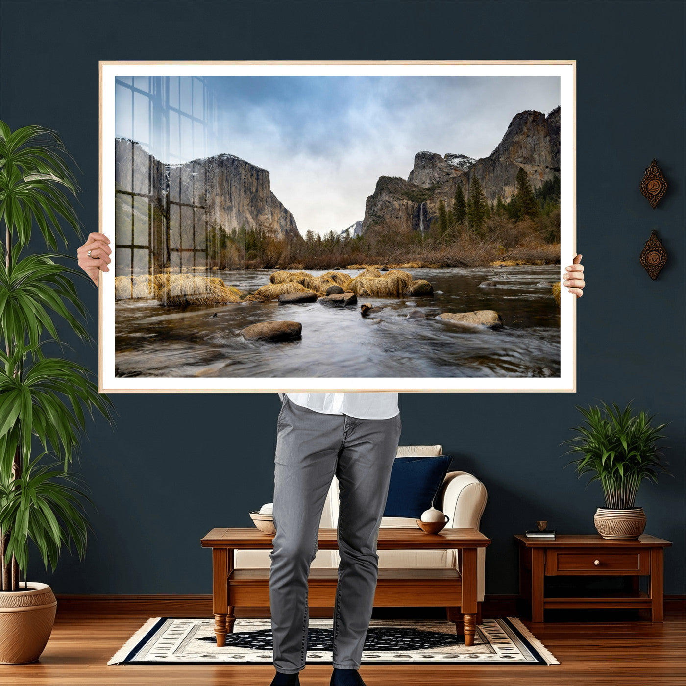 20458404-MGV-CV-36X24 - Yosemite Valley Mountain Landscape Wall Art Canvas Print, Granite Cliff Forest Valley Canvas Print, California National Park Scenic Art Printing