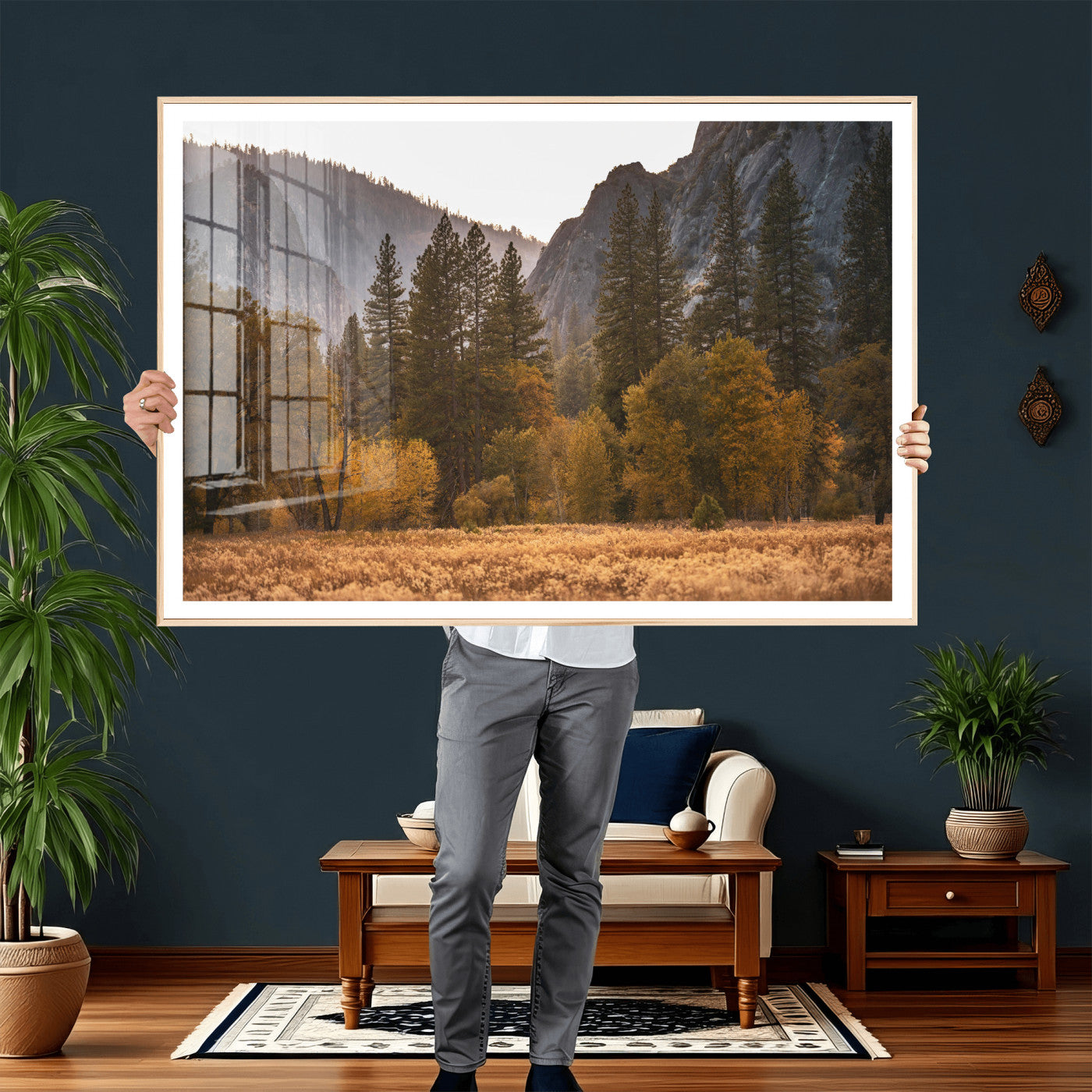 61682763-MGV-CV-36X24 - Yosemite Valley Autumn Forest Landscape Wall Art Canvas Print, Granite Mountain Pine Trees Canvas Print, California National Park Fall Scenic Art Printing