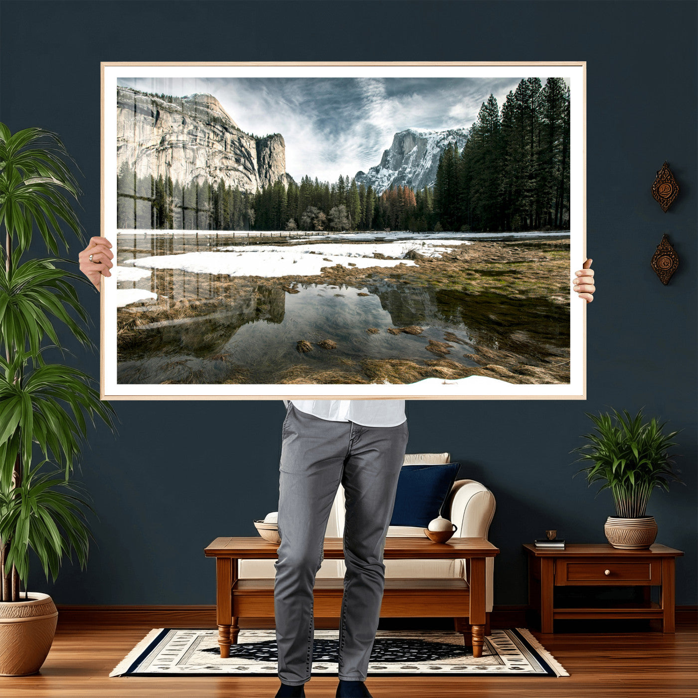 14527348-MGV-CV-36X24 - Yosemite Valley Mountain Landscape Wall Art Canvas Print, Granite Cliff Forest Valley Canvas Print, California National Park Scenic Art Printing