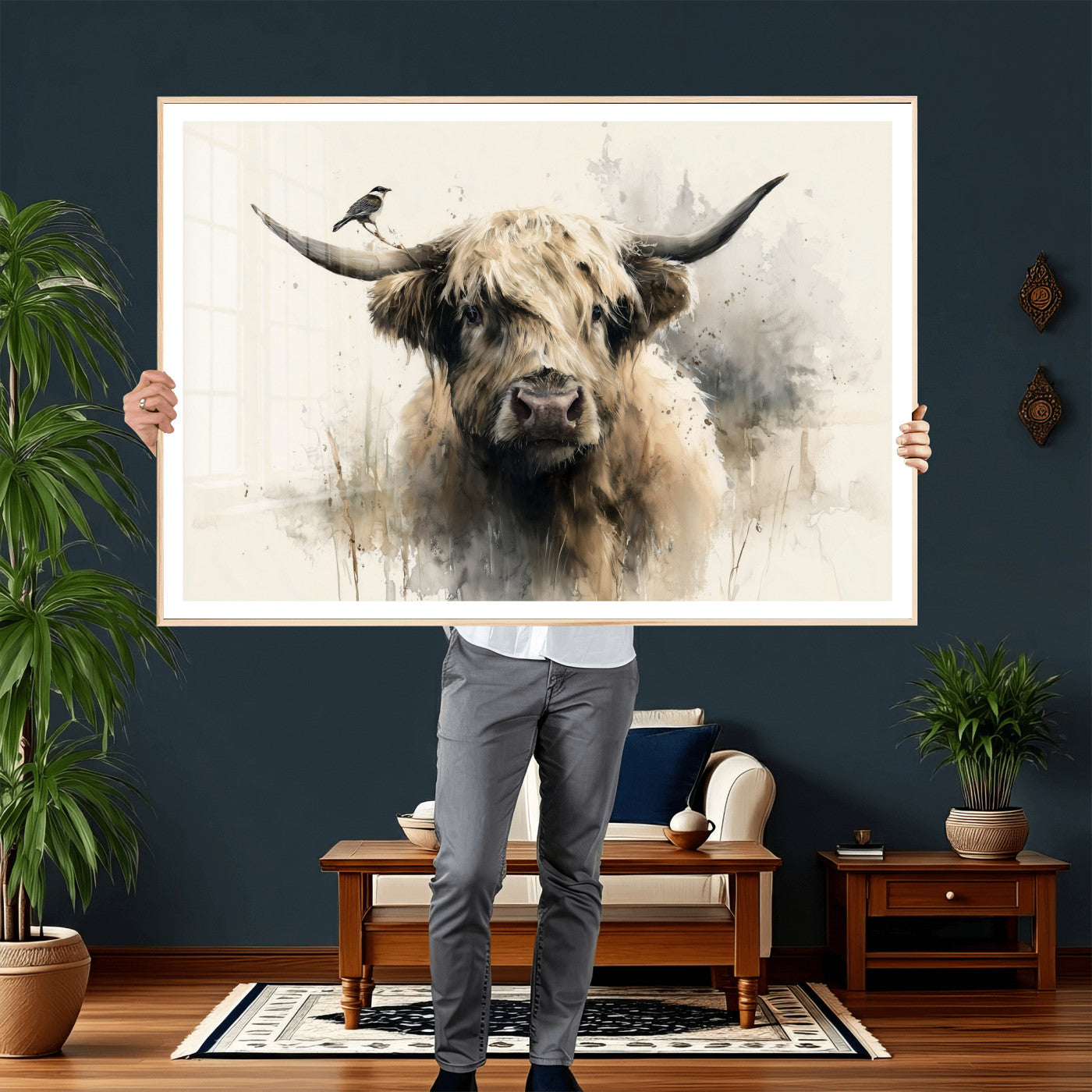 98249290-MGV-CV-36X24 - Abstract Highland Cow Watercolor Animal Wall Art Canvas Print, Rustic Farm Cattle Portrait Canvas Print, Neutral Wildlife Farmhouse Art Printing